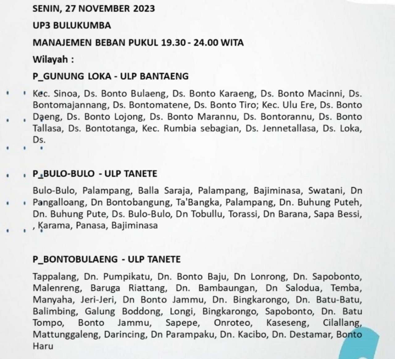 Siap-siap! Hari Ini Senin 27 November Bulukumba dan Sekitarnya Bakal Padam Listrik Hingga 7 Jam