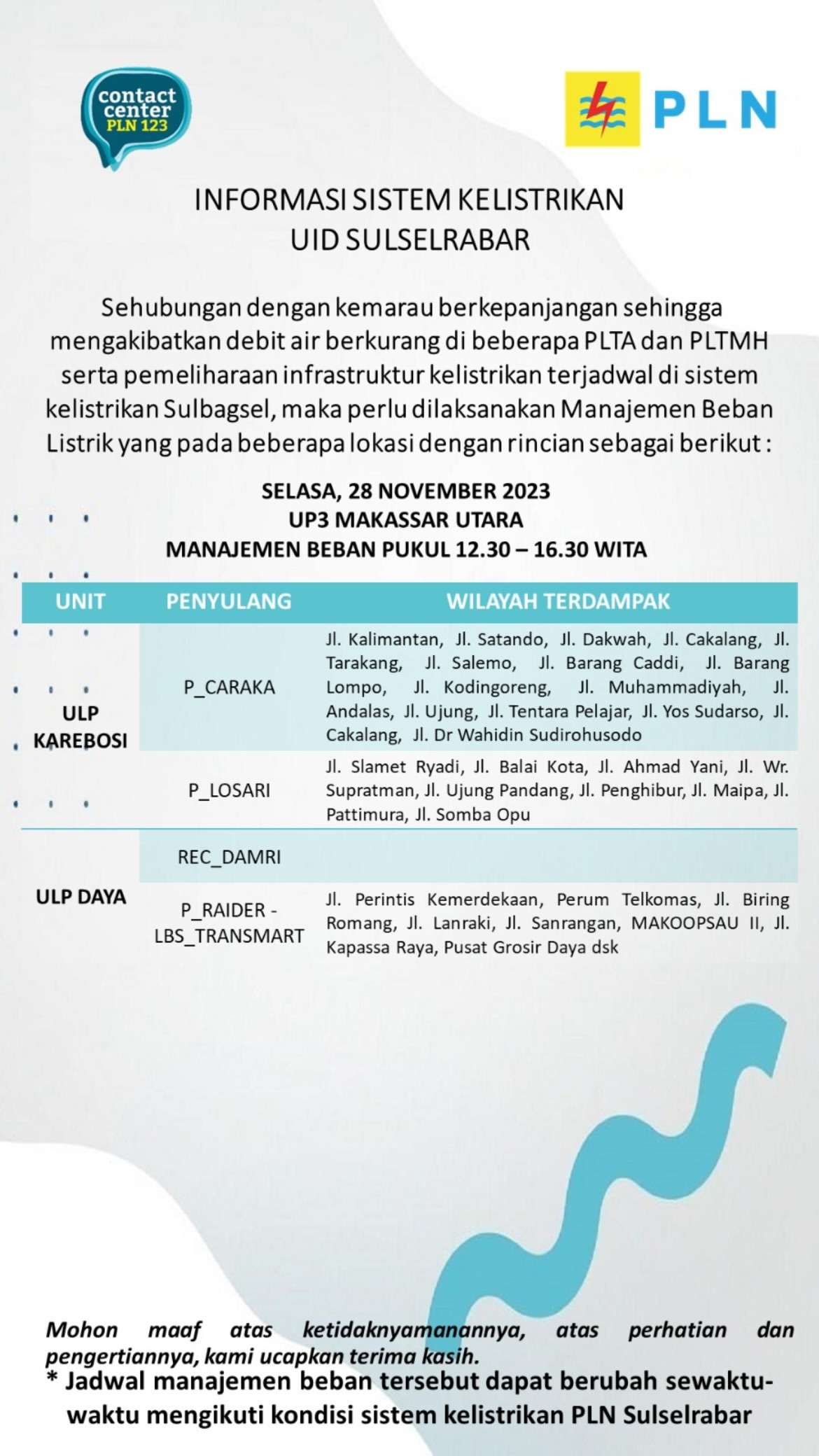 Siap-siap! Pemadaman Listrik Hari Ini di Makassar Selasa 28 Nov Berlangsung 4 Jam