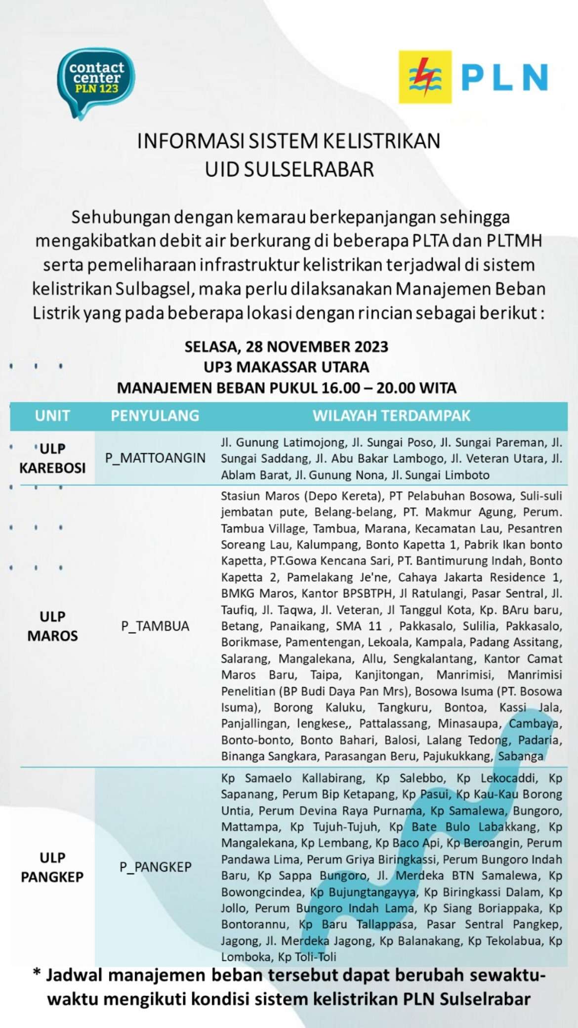 Siap-siap! Pemadaman Listrik Hari Ini di Makassar Selasa 28 Nov Berlangsung 4 Jam