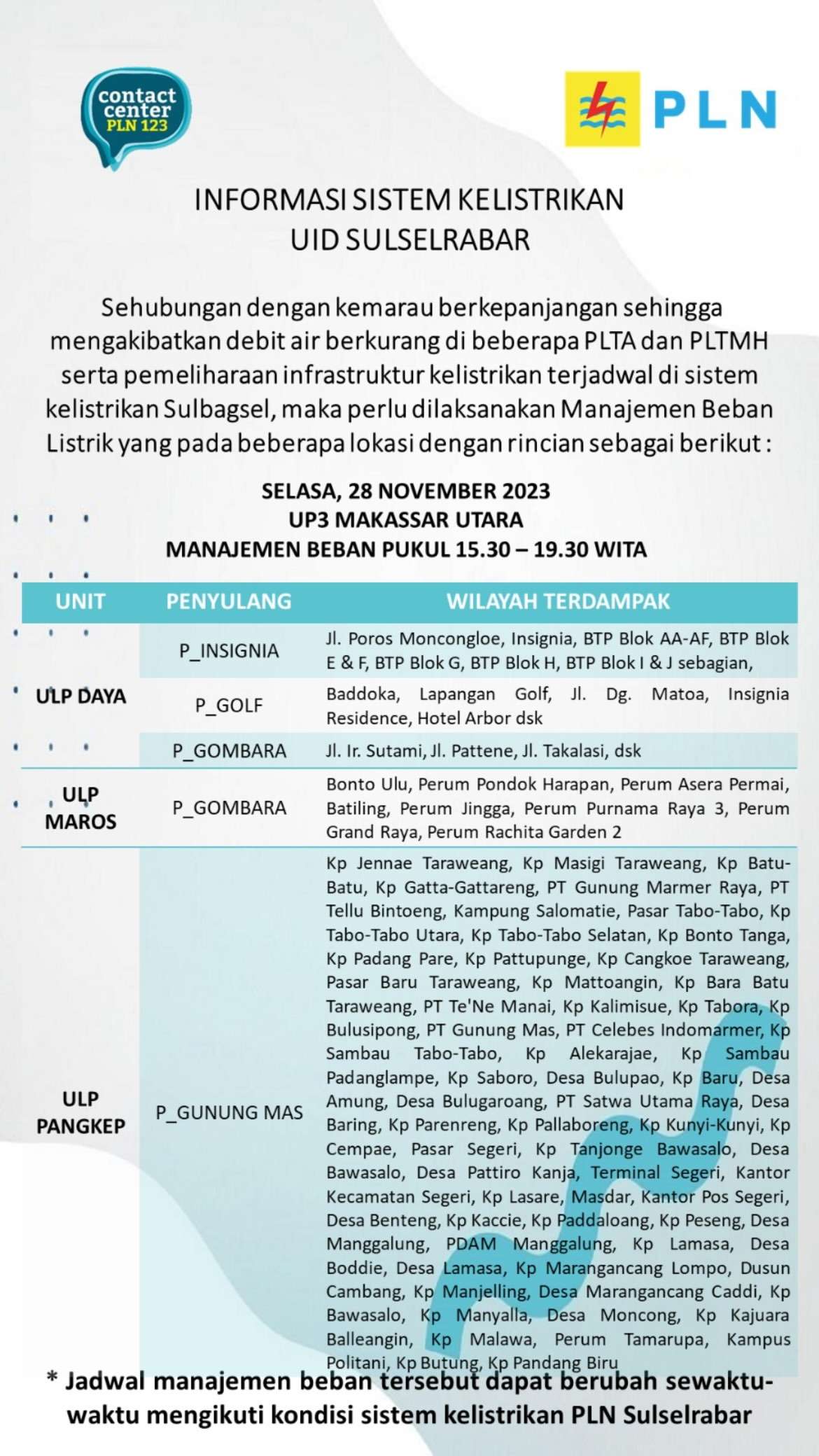 Siap-siap! Pemadaman Listrik Hari Ini di Makassar Selasa 28 Nov Berlangsung 4 Jam
