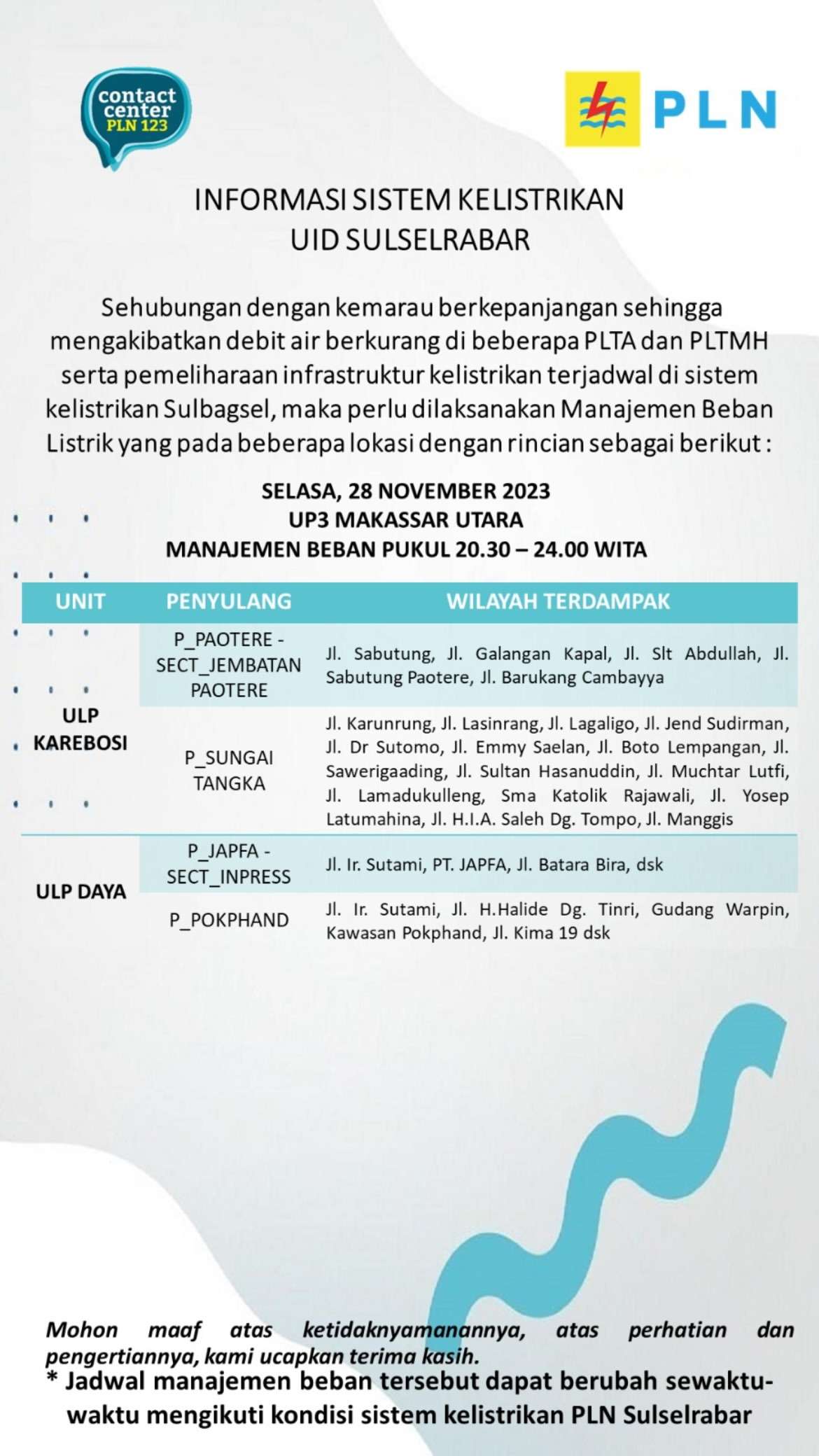 Siap-siap! Pemadaman Listrik Hari Ini di Makassar Selasa 28 Nov Berlangsung 4 Jam