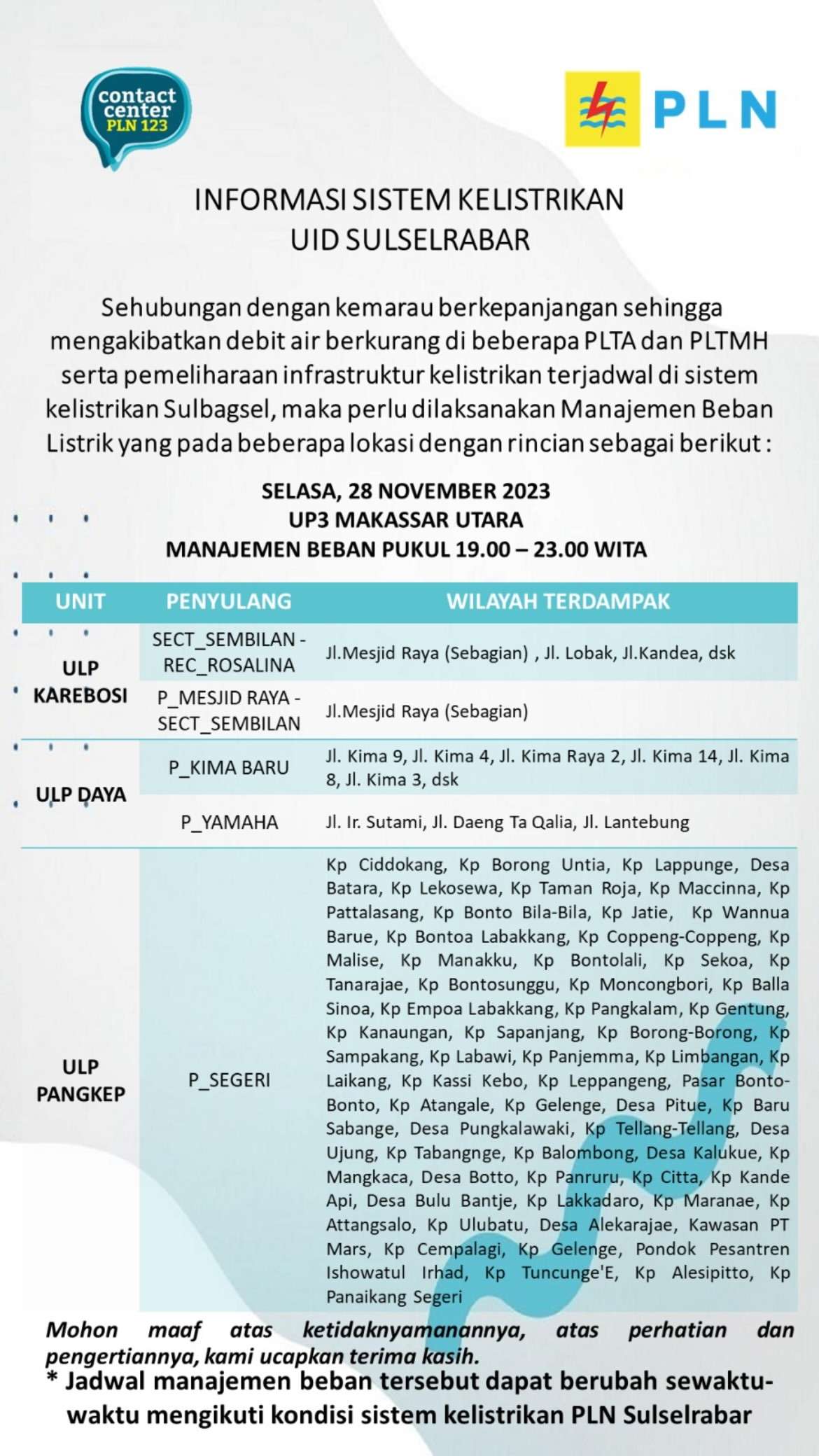 Siap-siap! Pemadaman Listrik Hari Ini di Makassar Selasa 28 Nov Berlangsung 4 Jam
