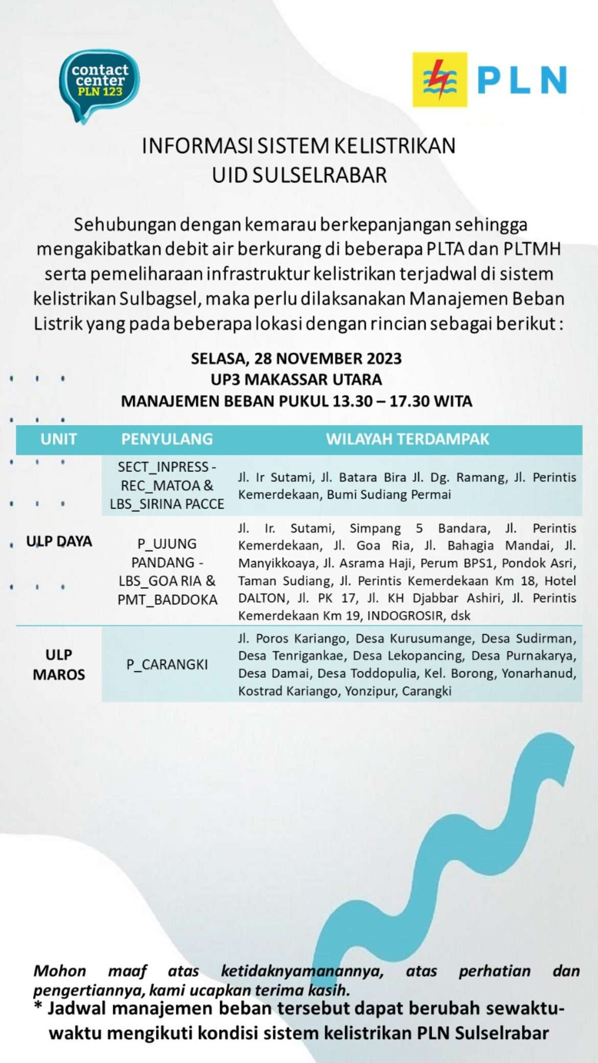 Siap-siap! Pemadaman Listrik Hari Ini di Makassar Selasa 28 Nov Berlangsung 4 Jam