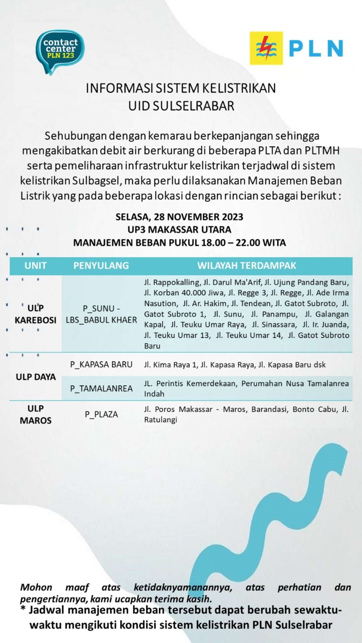 Siap-siap! Pemadaman Listrik Hari Ini di Makassar Selasa 28 Nov Berlangsung 4 Jam