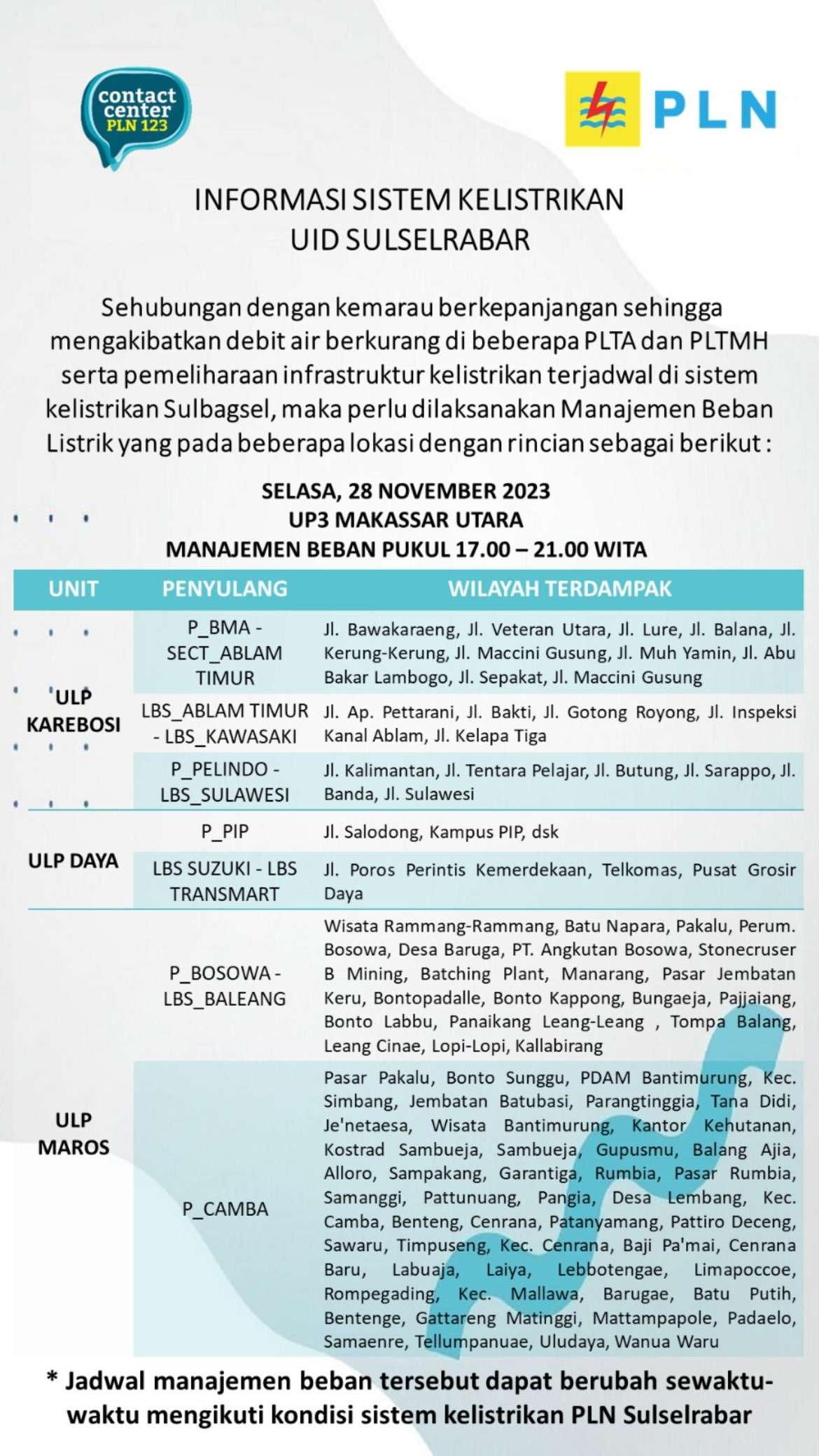 Siap-siap! Pemadaman Listrik Hari Ini di Makassar Selasa 28 Nov Berlangsung 4 Jam