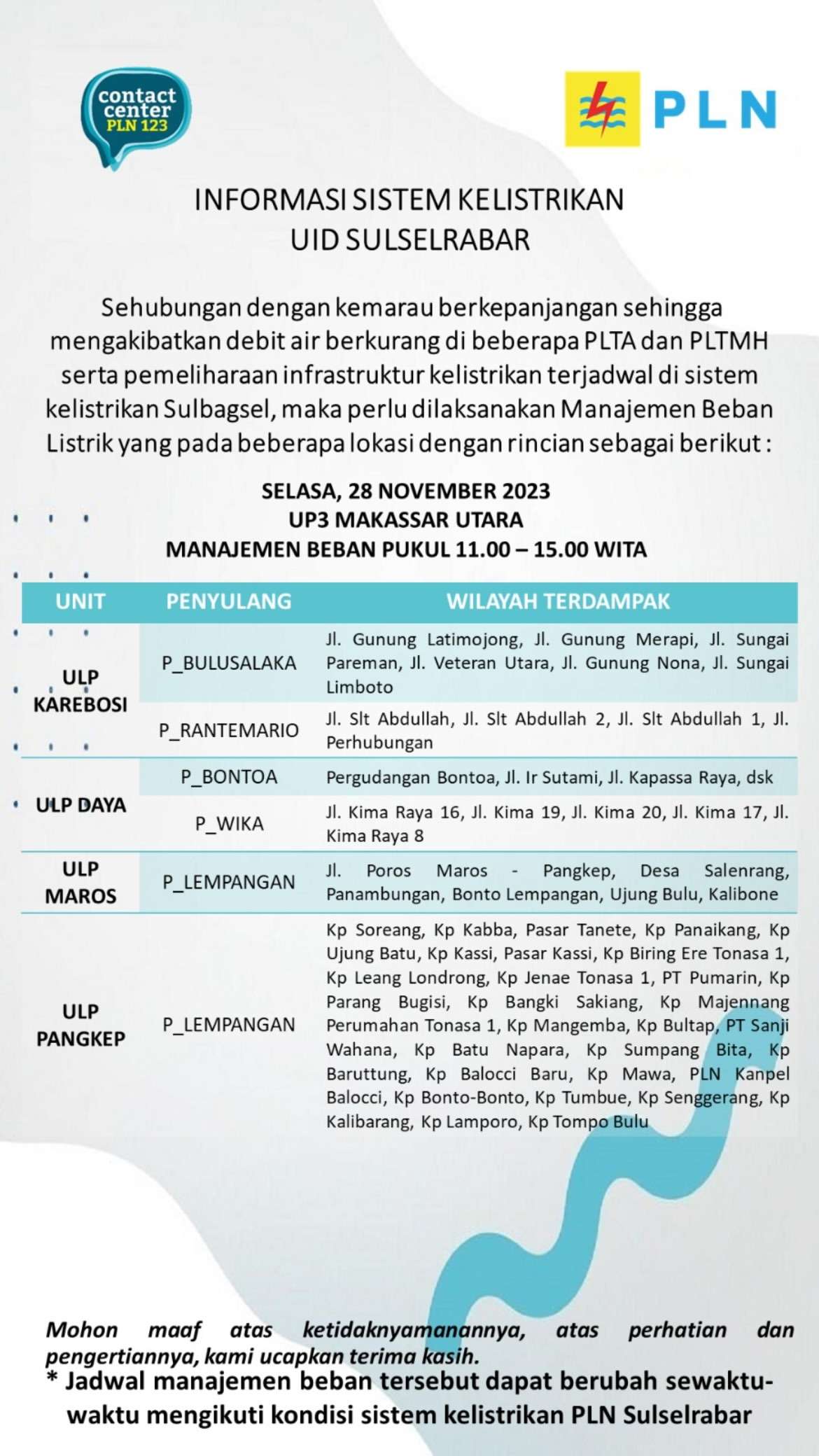Siap-siap! Pemadaman Listrik Hari Ini di Makassar Selasa 28 Nov Berlangsung 4 Jam