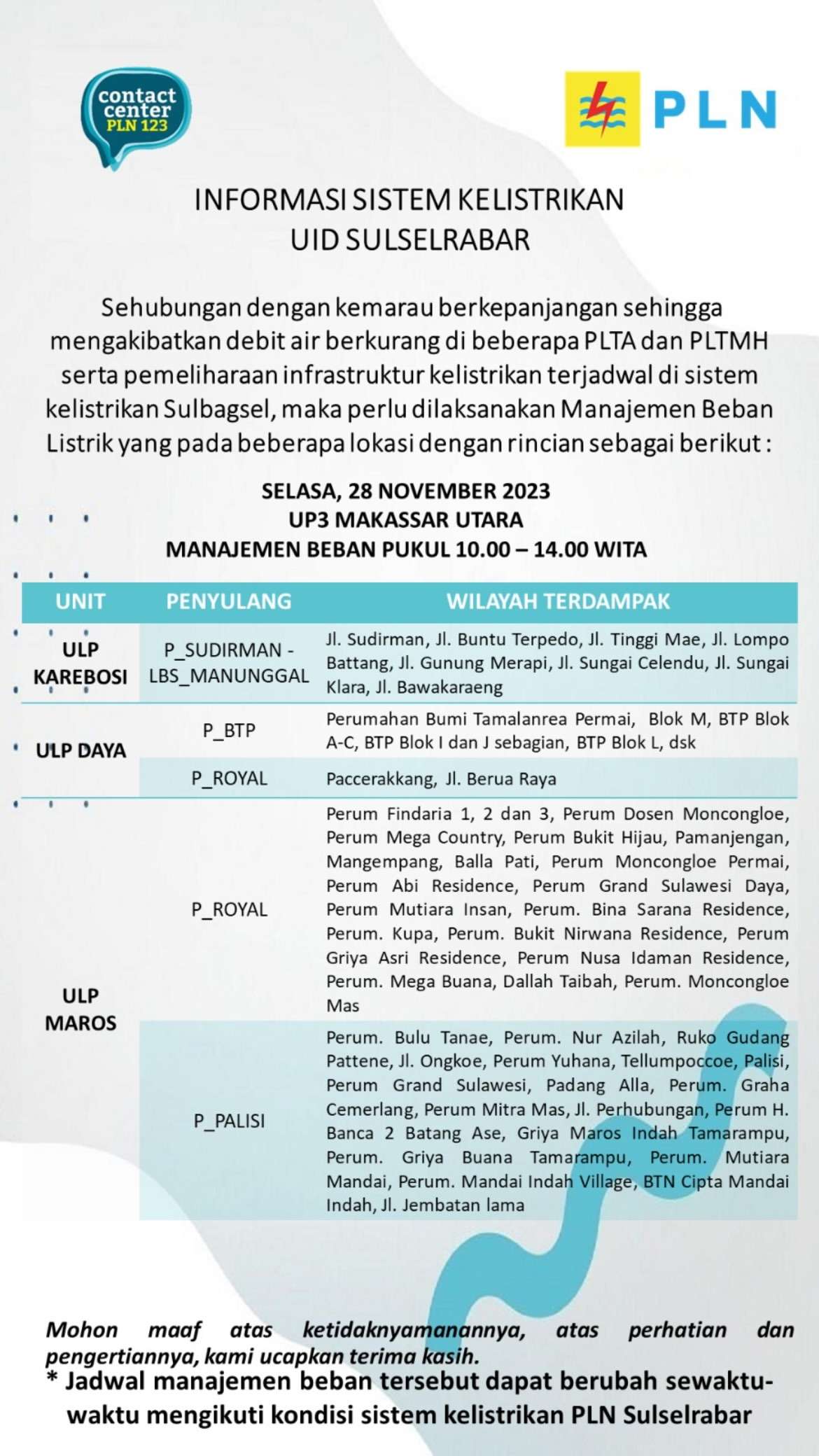 Siap-siap! Pemadaman Listrik Hari Ini di Makassar Selasa 28 Nov Berlangsung 4 Jam