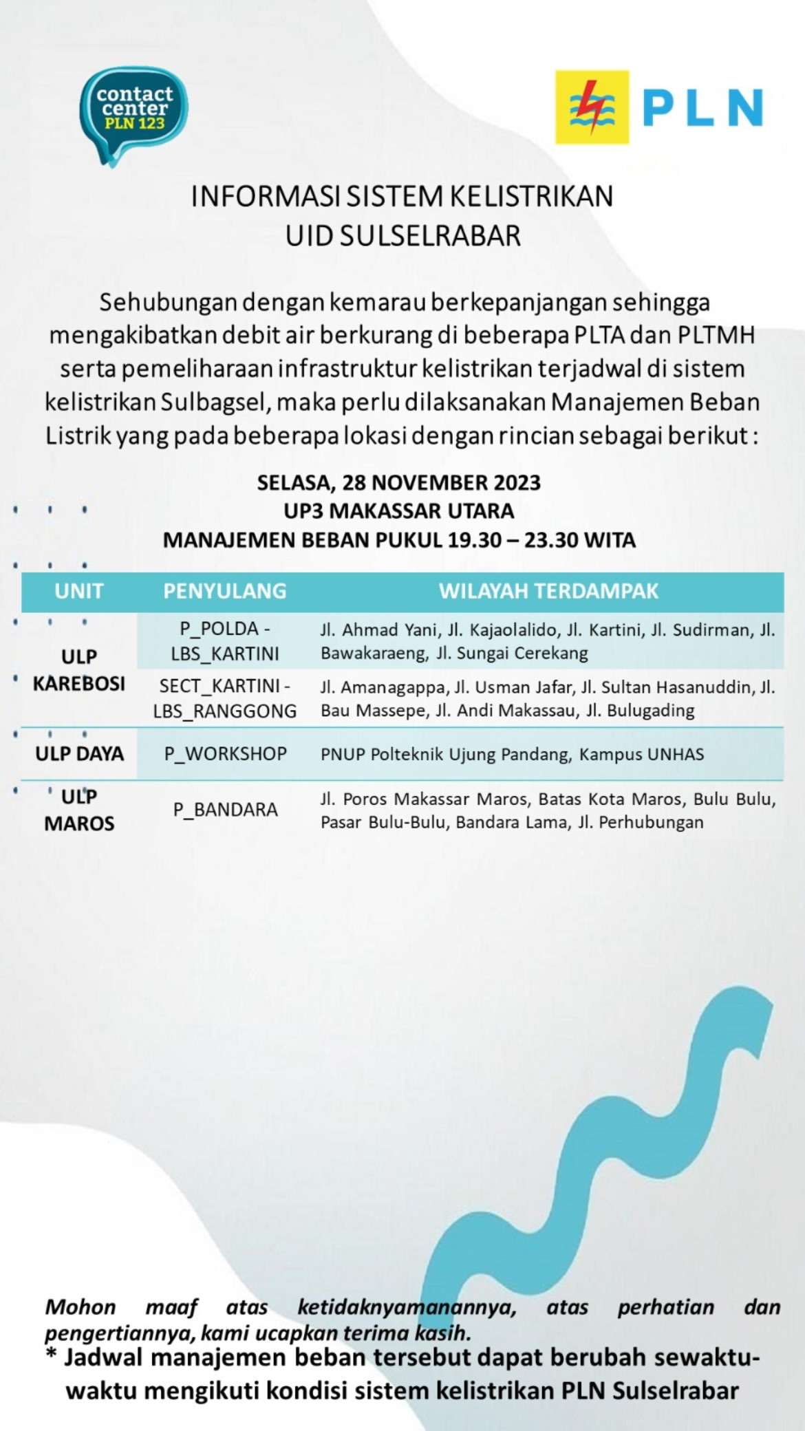 Siap-siap! Pemadaman Listrik Hari Ini di Makassar Selasa 28 Nov Berlangsung 4 Jam