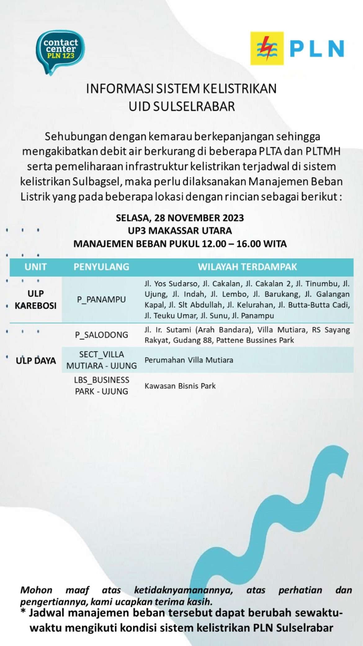 Siap-siap! Pemadaman Listrik Hari Ini di Makassar Selasa 28 Nov Berlangsung 4 Jam