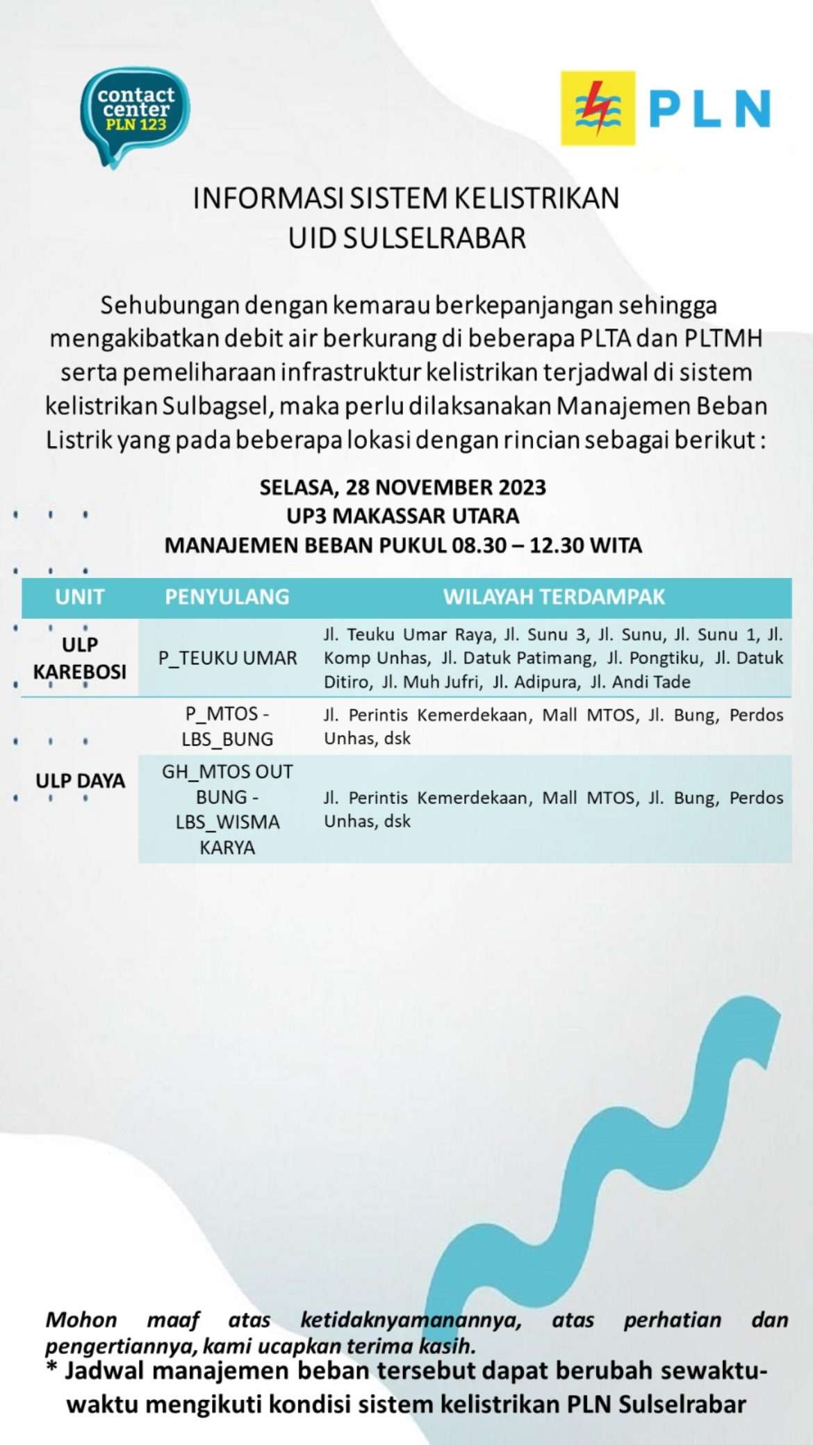 Siap-siap! Pemadaman Listrik Hari Ini di Makassar Selasa 28 Nov Berlangsung 4 Jam