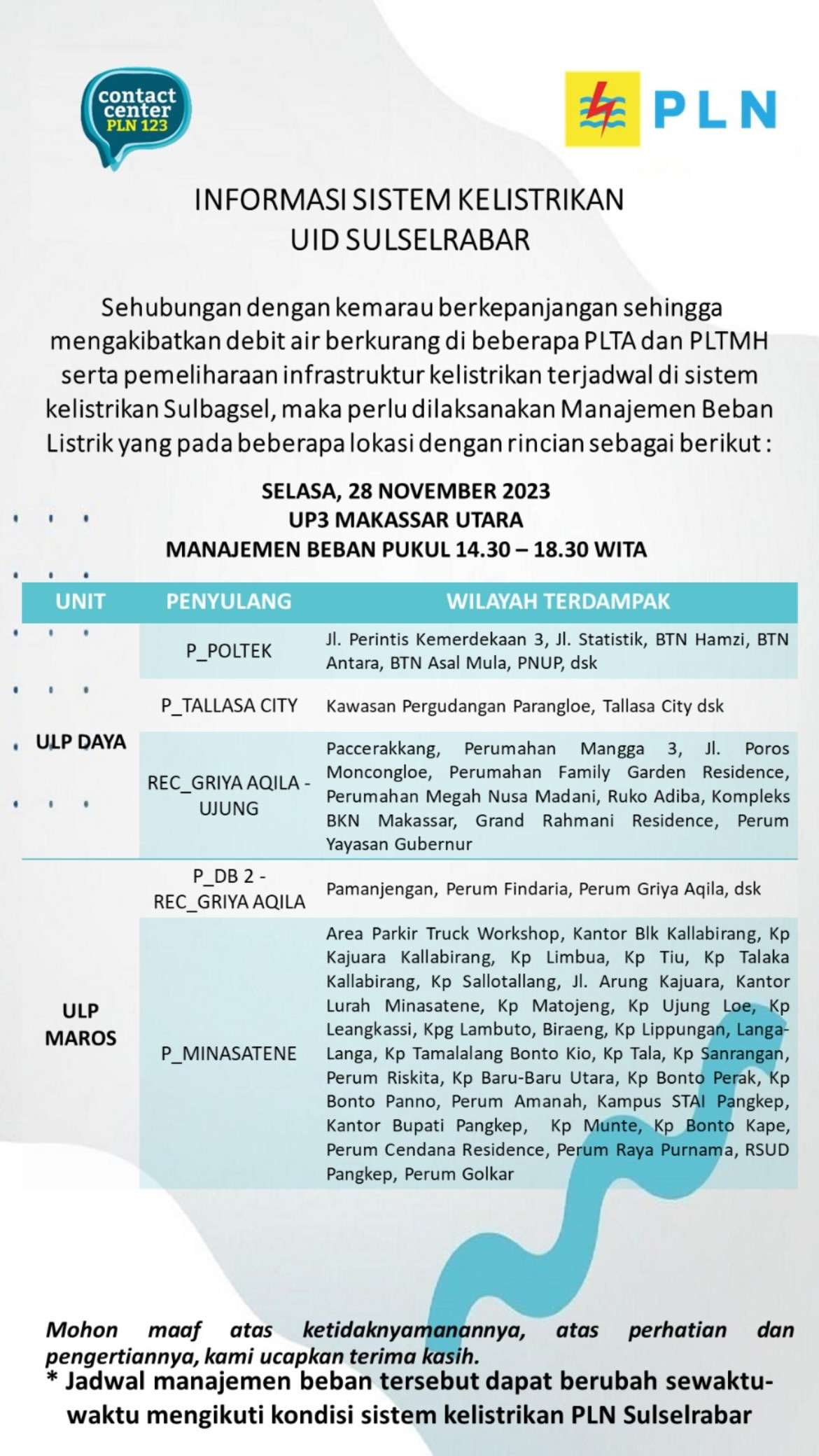 Siap-siap! Pemadaman Listrik Hari Ini di Makassar Selasa 28 Nov Berlangsung 4 Jam