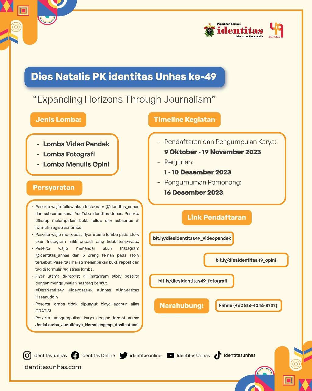PK Identitas Unhas Hadirkan Lomba Tingkat Nasional Sambut Dies Natalis ke-49, Gratis!