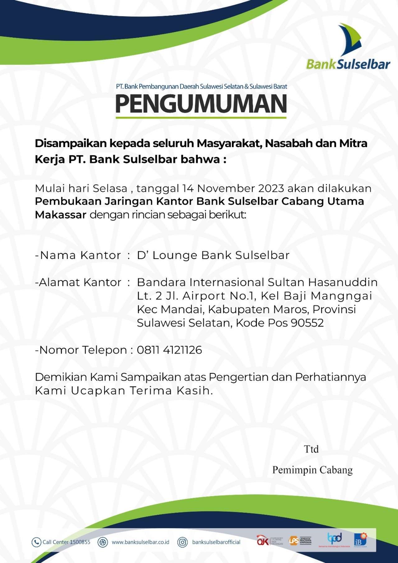 Jaringan Kantor Bank Sulselbar Kini Buka D’Lounge Bank Sulselbar di Bandara Internasional Sultan Hasanuddin
