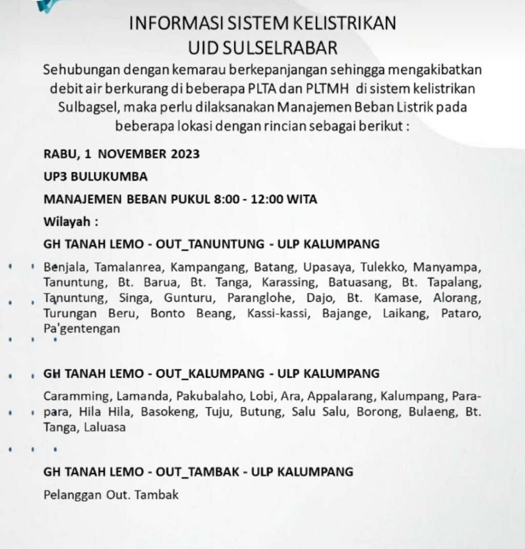 1 November 2023 Listrik Masih Padam Bergilir di Janeponto, Bantaeng, Bulukumba dan Sinjai