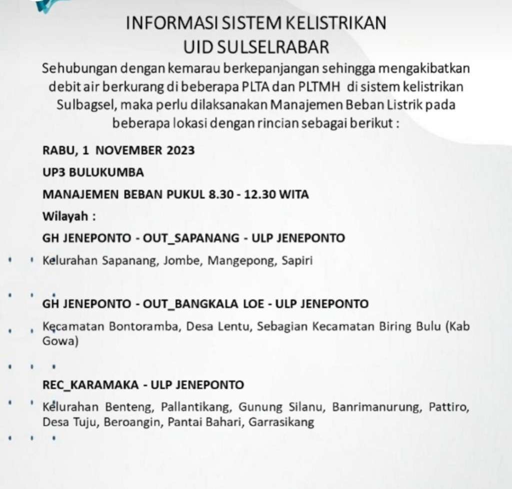 1 November 2023 Listrik Masih Padam Bergilir di Janeponto, Bantaeng, Bulukumba dan Sinjai