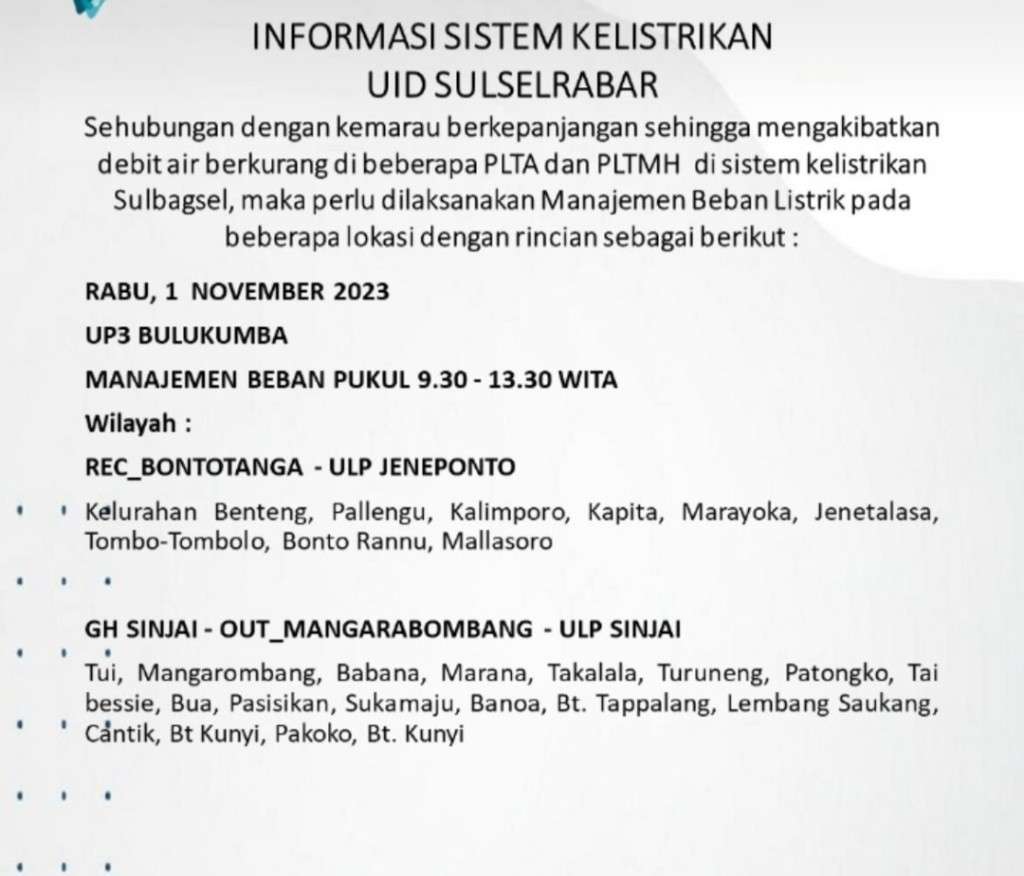 1 November 2023 Listrik Masih Padam Bergilir di Janeponto, Bantaeng, Bulukumba dan Sinjai