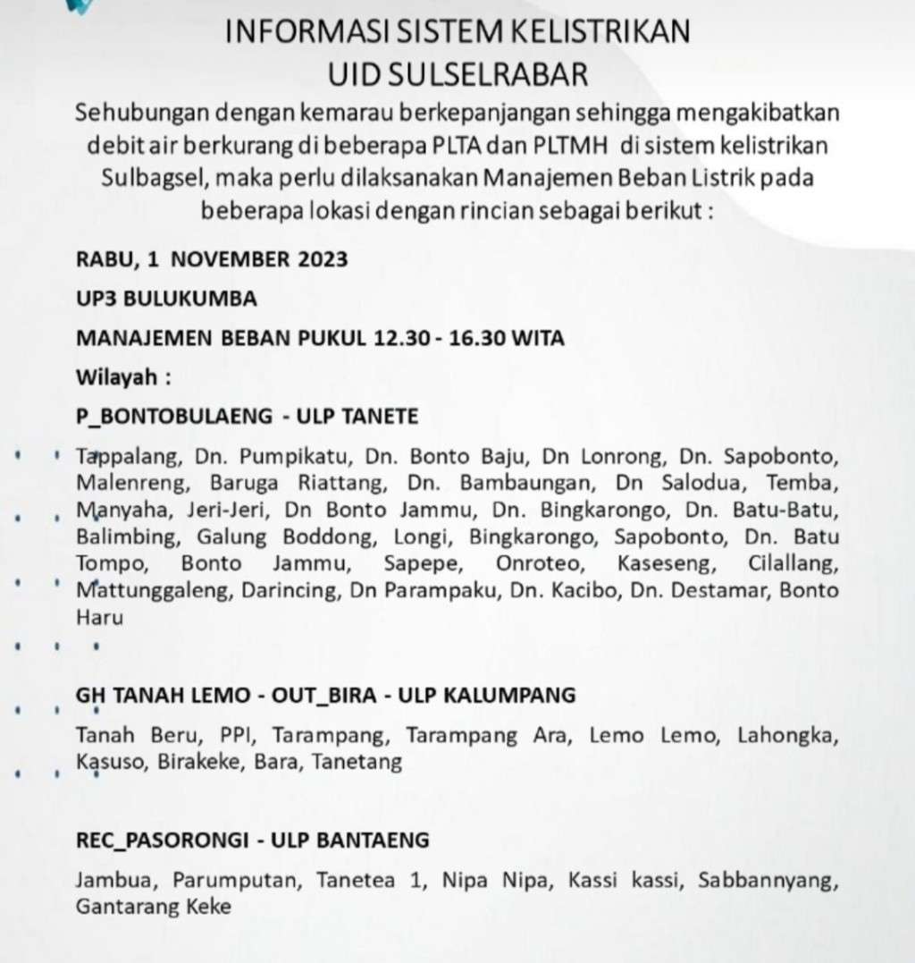 1 November 2023 Listrik Masih Padam Bergilir di Janeponto, Bantaeng, Bulukumba dan Sinjai