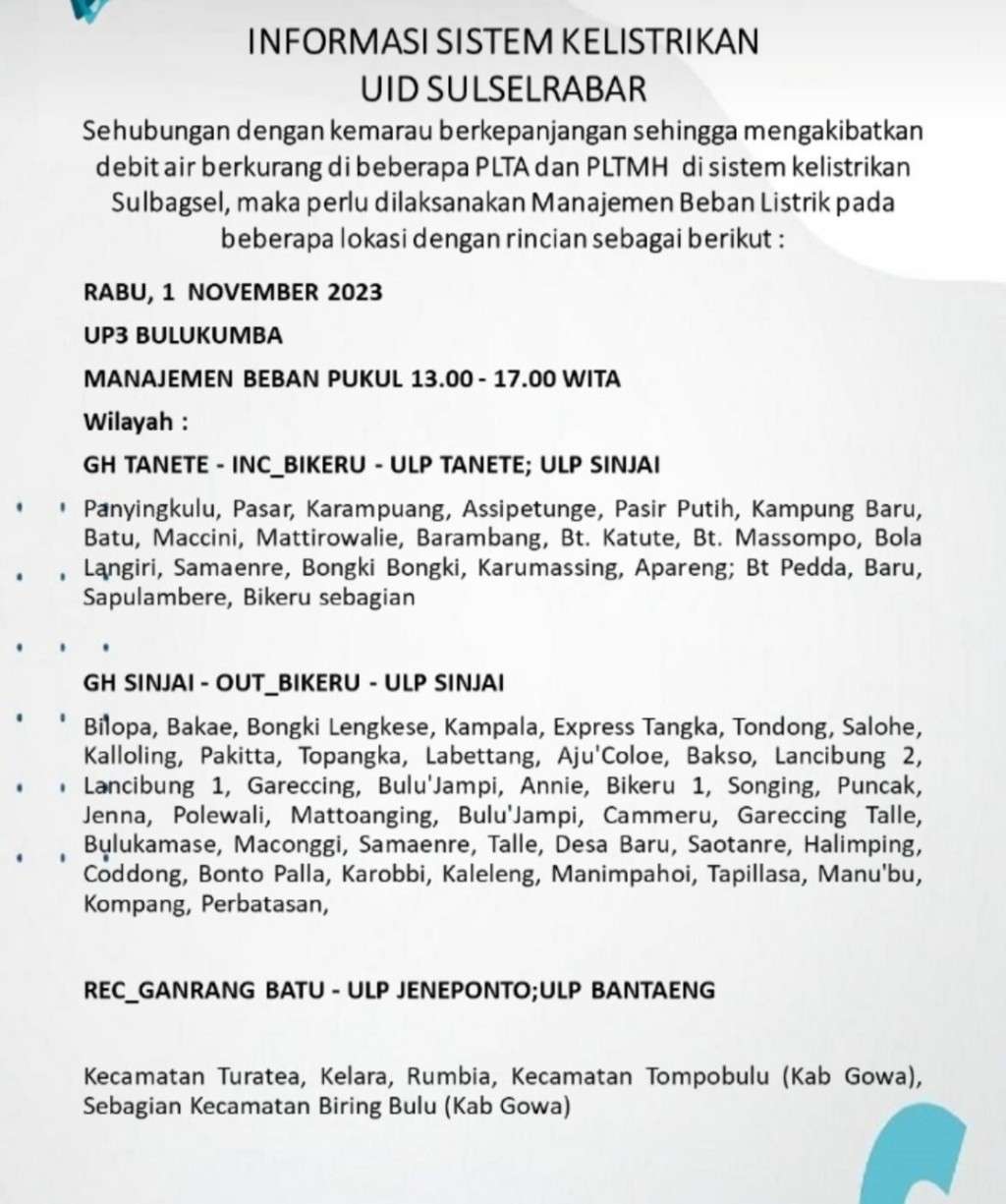 1 November 2023 Listrik Masih Padam Bergilir di Janeponto, Bantaeng, Bulukumba dan Sinjai