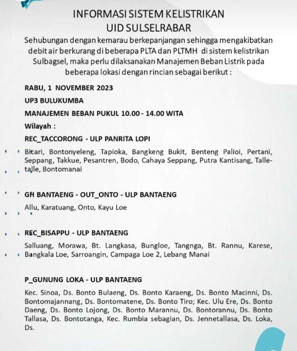 1 November 2023 Listrik Masih Padam Bergilir di Janeponto, Bantaeng, Bulukumba dan Sinjai