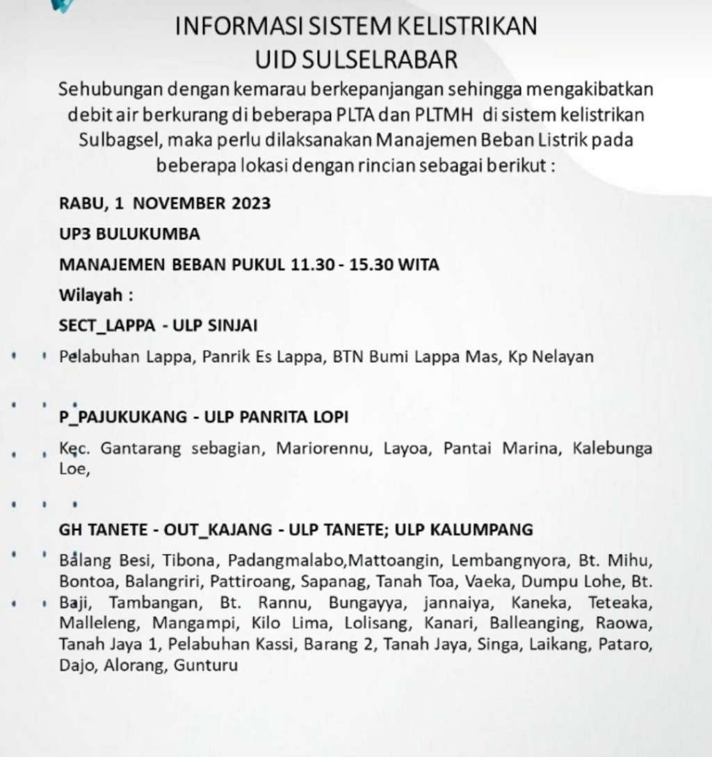 1 November 2023 Listrik Masih Padam Bergilir di Janeponto, Bantaeng, Bulukumba dan Sinjai