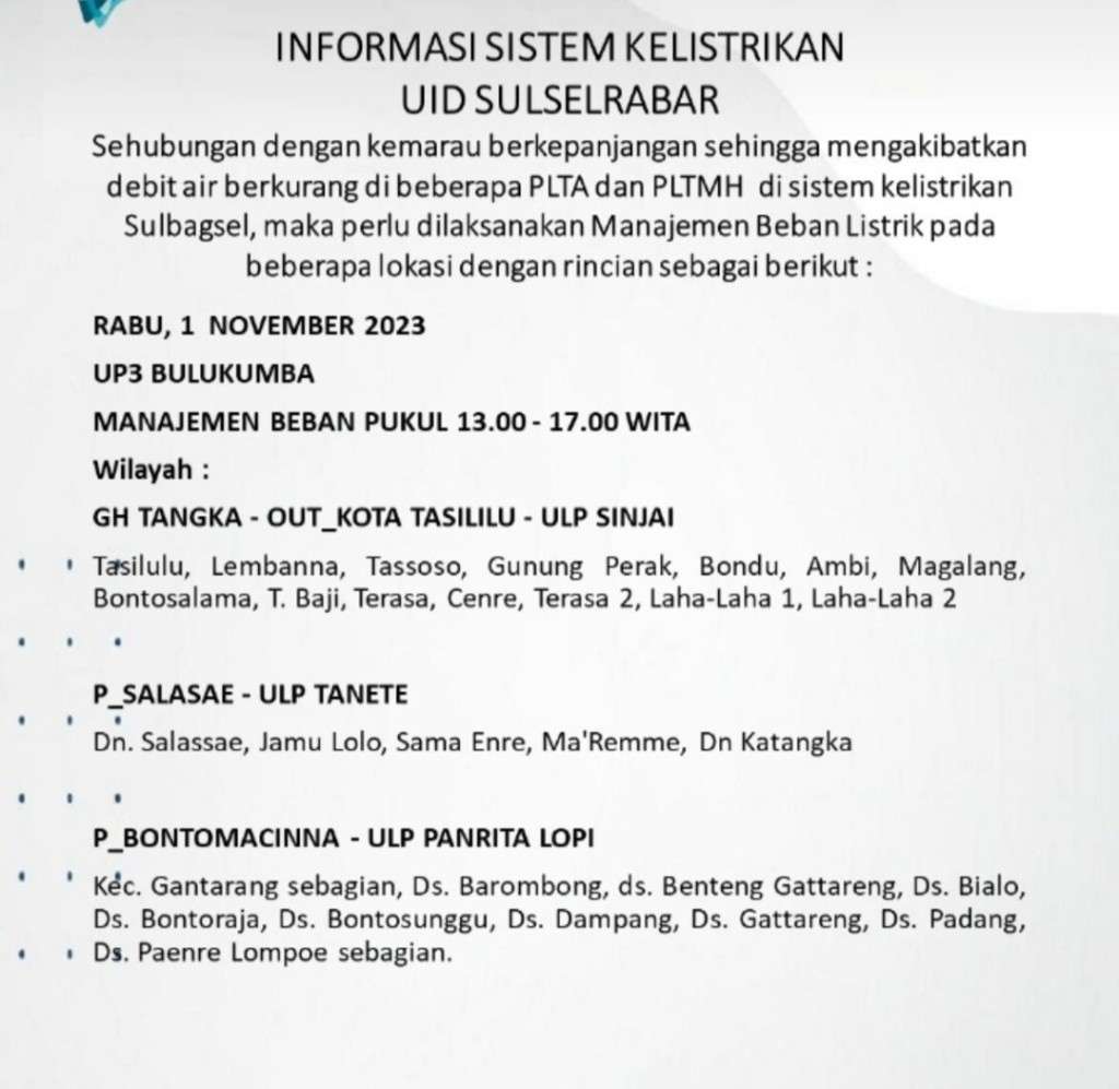 1 November 2023 Listrik Masih Padam Bergilir di Janeponto, Bantaeng, Bulukumba dan Sinjai