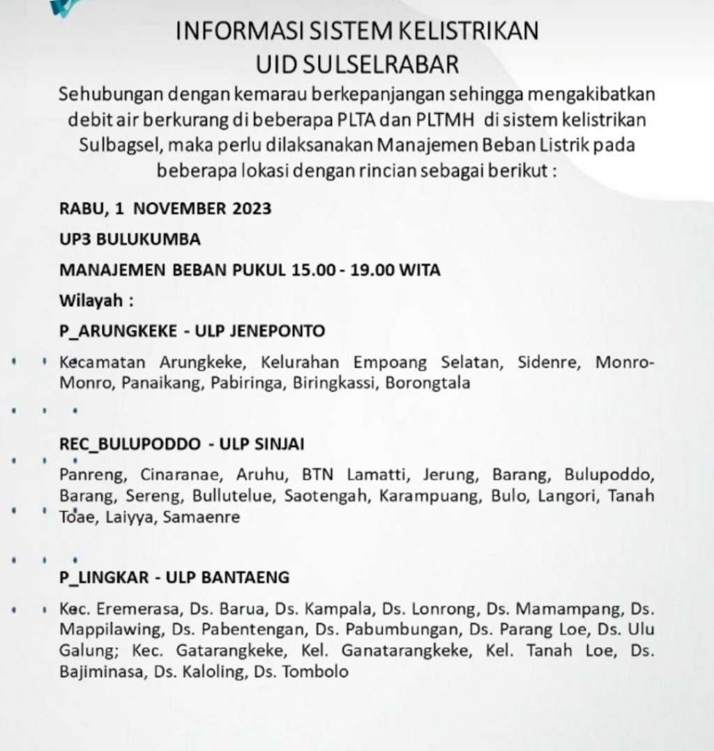 1 November 2023 Listrik Masih Padam Bergilir di Janeponto, Bantaeng, Bulukumba dan Sinjai