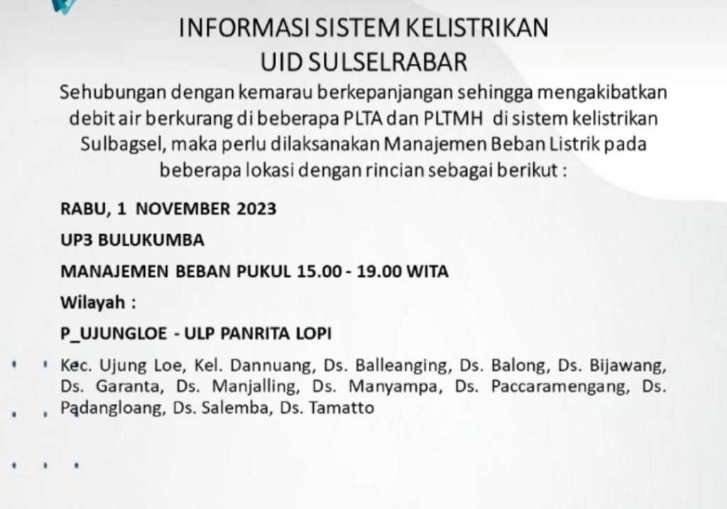 1 November 2023 Listrik Masih Padam Bergilir di Janeponto, Bantaeng, Bulukumba dan Sinjai