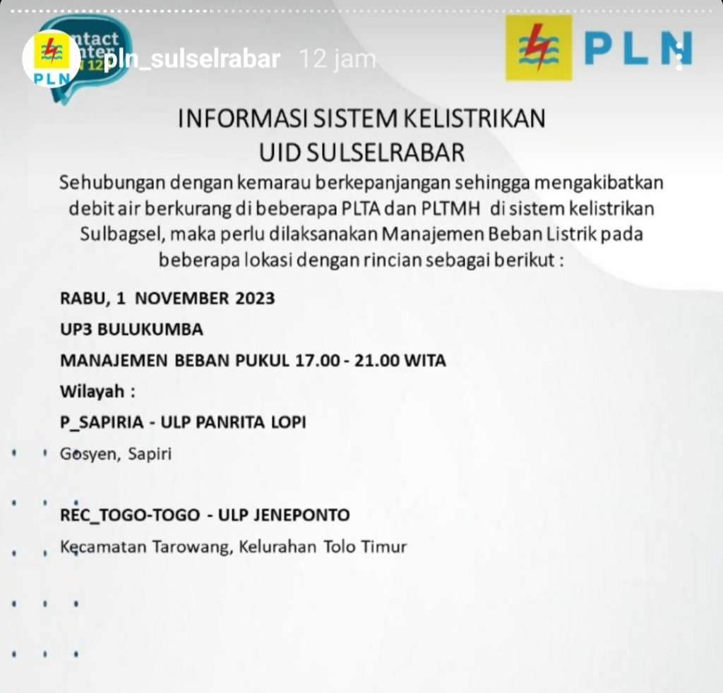 1 November 2023 Listrik Masih Padam Bergilir di Janeponto, Bantaeng, Bulukumba dan Sinjai