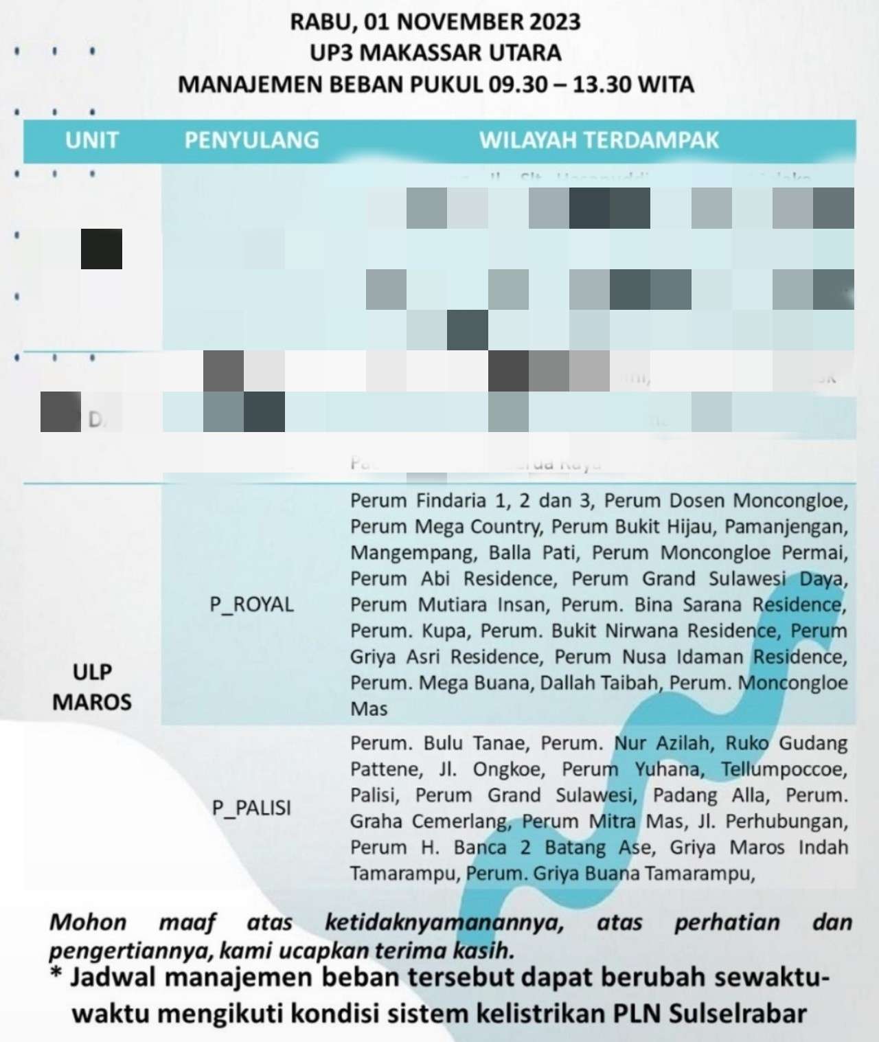 Jadwal Pemadaman Listrik Maros dan Pangkep 1 November 2023 Siang Hingga Siang