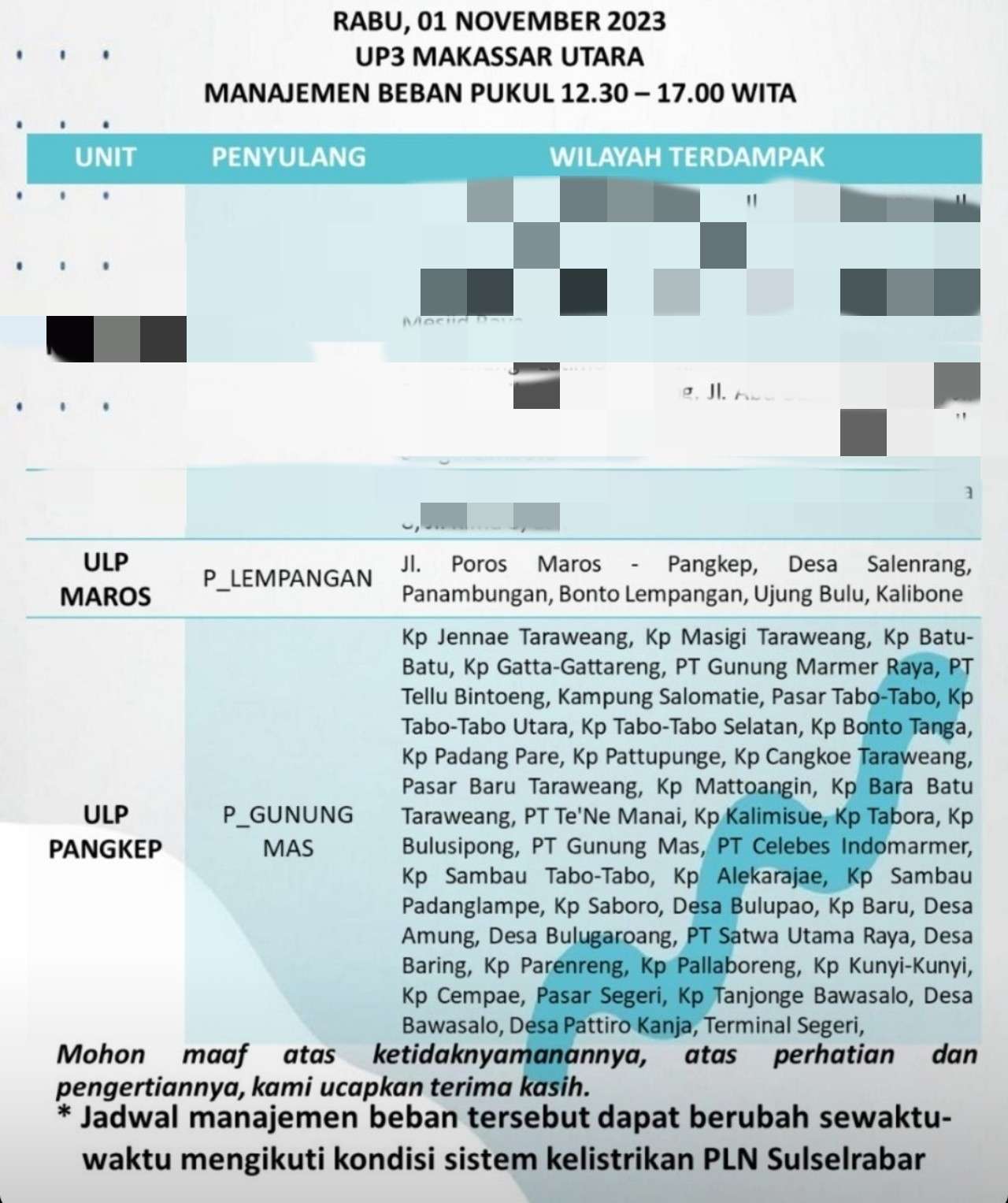 Jadwal Pemadaman Listrik Maros dan Pangkep 1 November 2023 Siang Hingga Siang