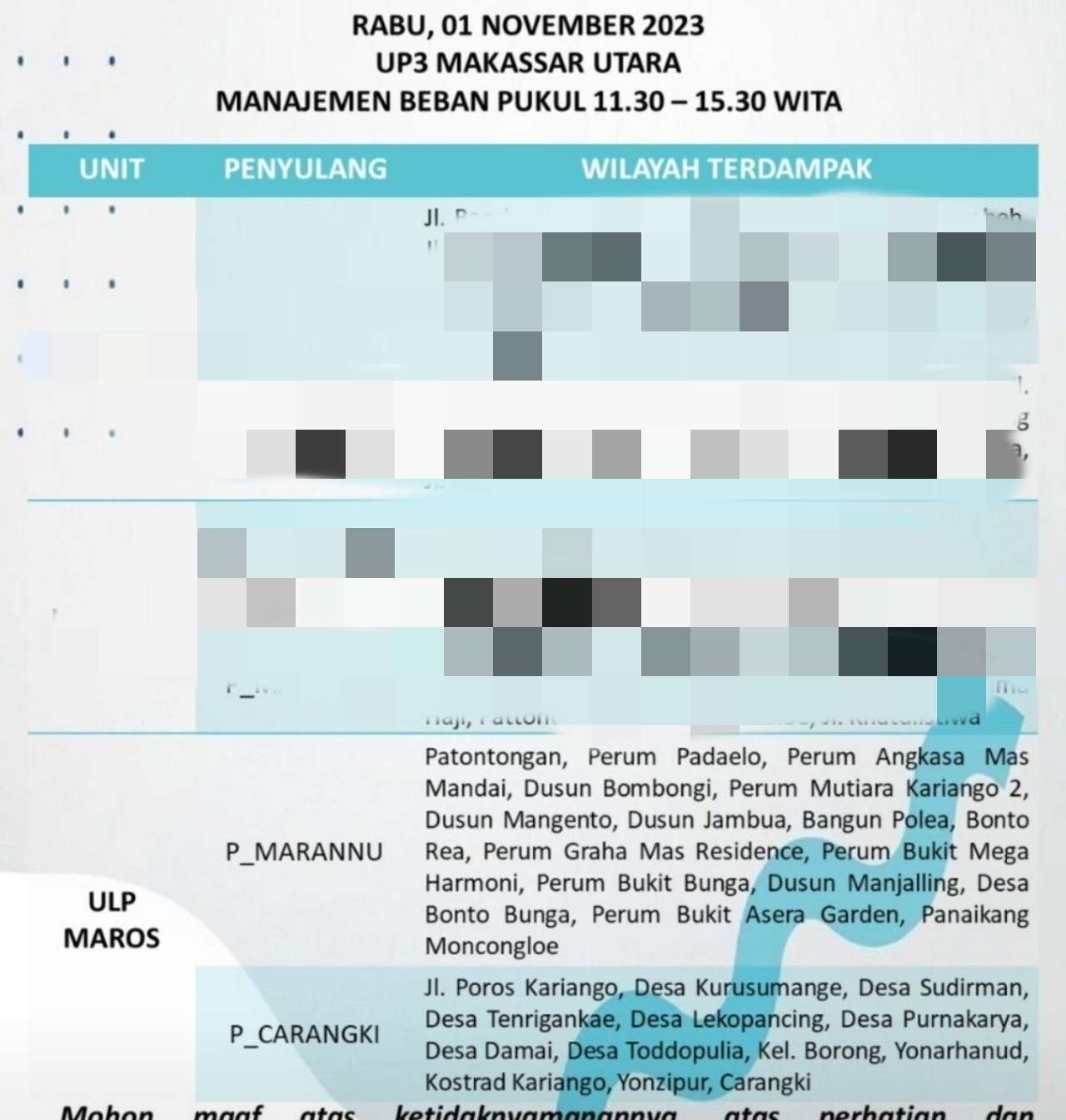 Jadwal Pemadaman Listrik Maros dan Pangkep 1 November 2023 Siang Hingga Siang