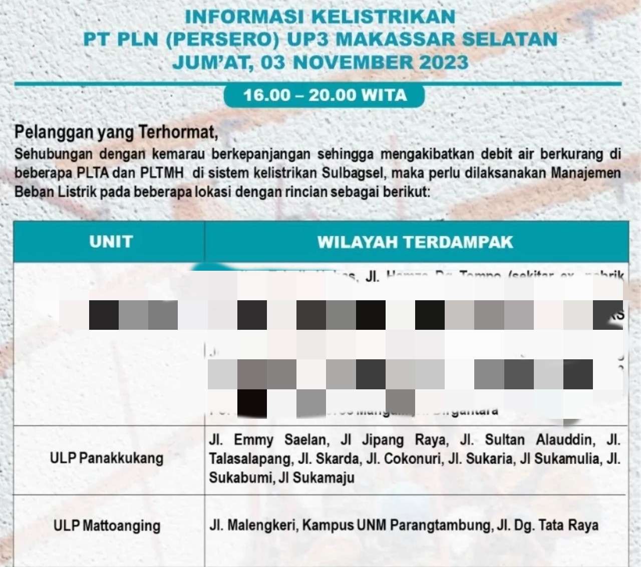 Duh! Listrik di Makassar Kembali Padam Hari Ini Jumat 3 November, Ratusan Wilayah Terdampak
