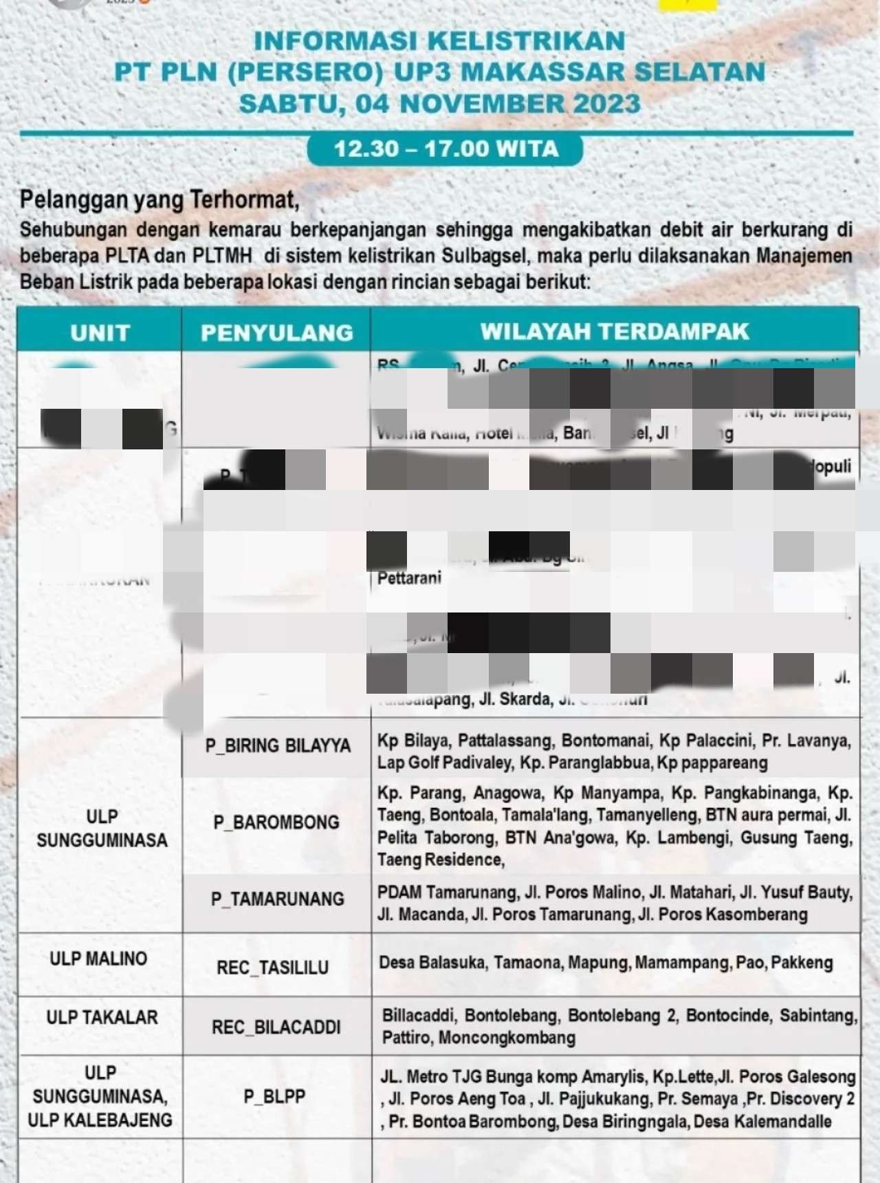 Jadwal Mati Lampu di Samata, Malino Hingga Takalar Hari Ini Sabtu 4 November 2023