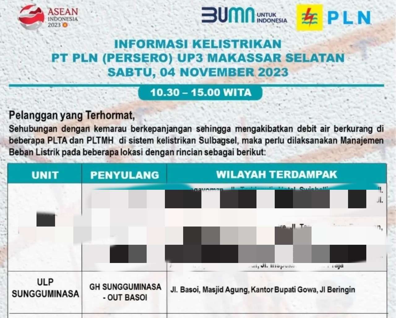 Jadwal Mati Lampu di Samata, Malino Hingga Takalar Hari Ini Sabtu 4 November 2023
