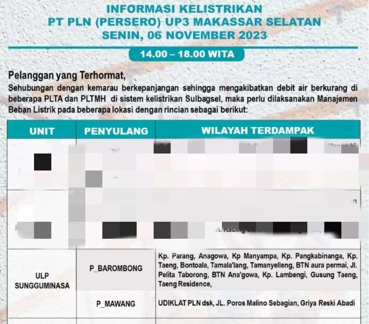 Pemadaman Listrik Hari Ini di Gowa dan Takalar Masih Berlangsung Sore Hingga Malam