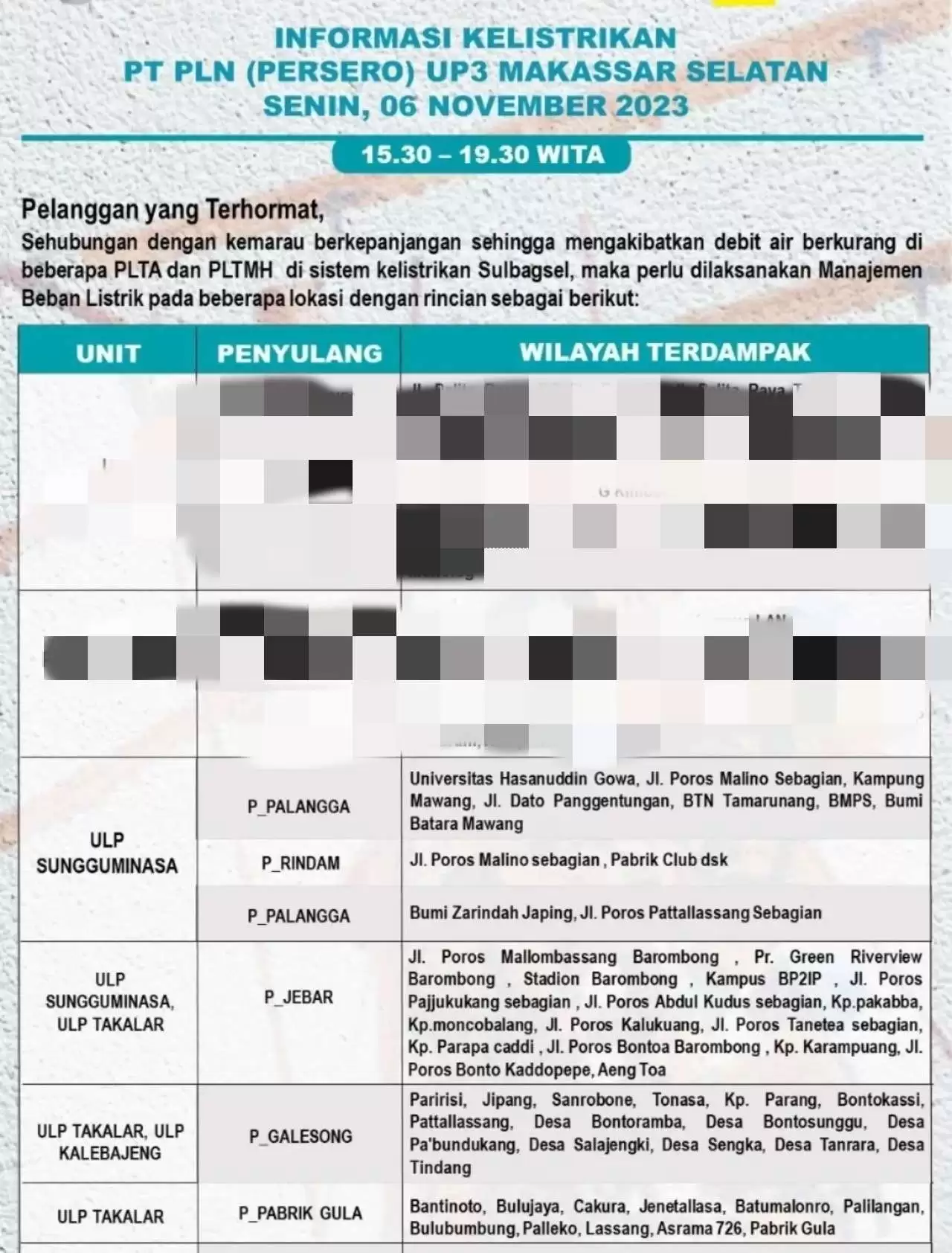 Pemadaman Listrik Hari Ini di Gowa dan Takalar Masih Berlangsung Sore Hingga Malam