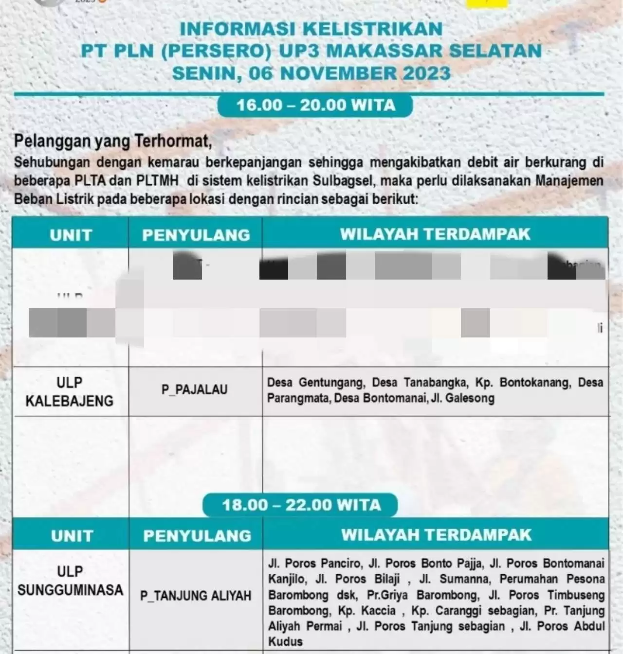 Pemadaman Listrik Hari Ini di Gowa dan Takalar Masih Berlangsung Sore Hingga Malam