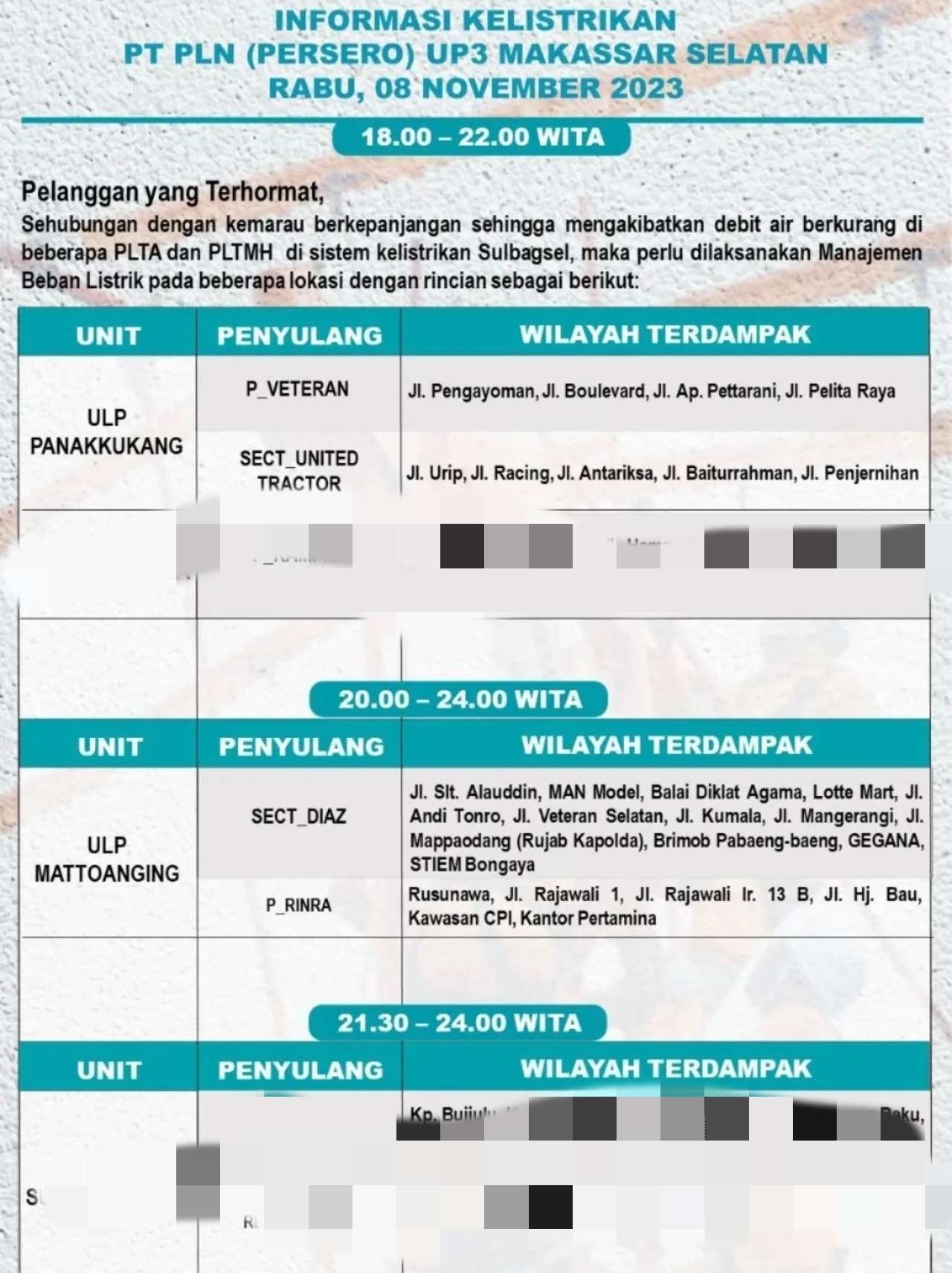 Duh! Listrik di Makassar Rabu 8 November Padam Lagi Hingga Tengah Malam, Cek Jadwalnya!