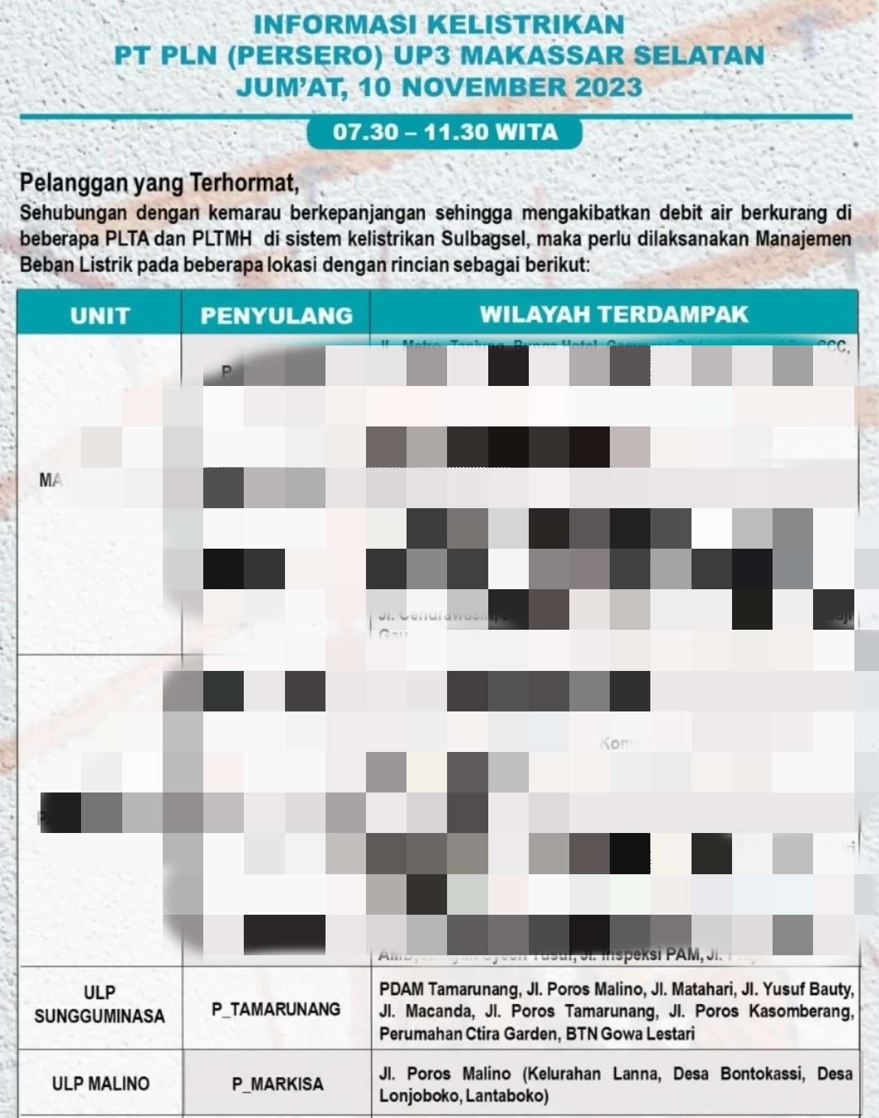Berikut Sejumlah Wilayah di Gowa dan Takalar Hari Ini Akan Mati Lampu