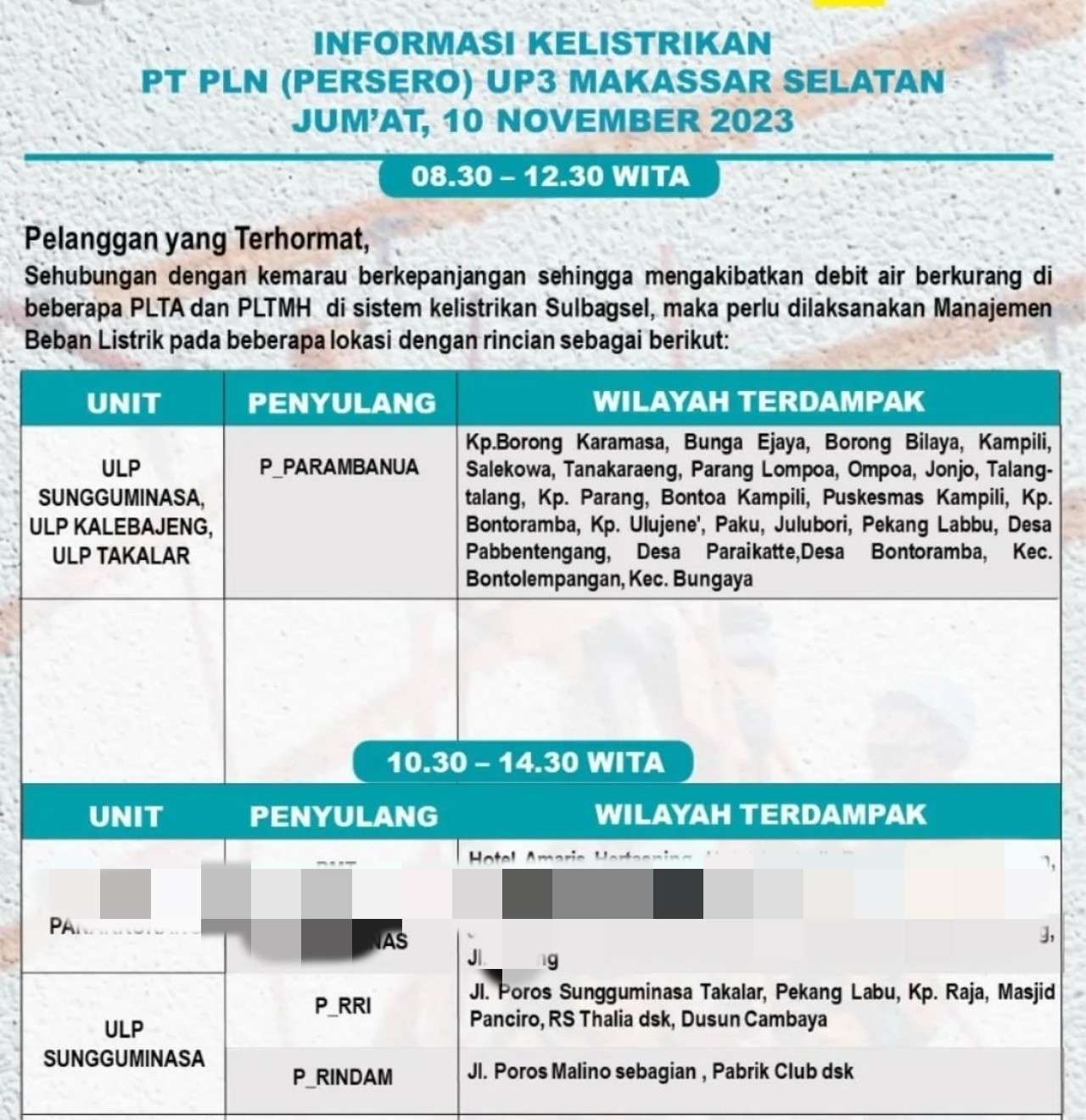 Berikut Sejumlah Wilayah di Gowa dan Takalar Hari Ini Akan Mati Lampu
