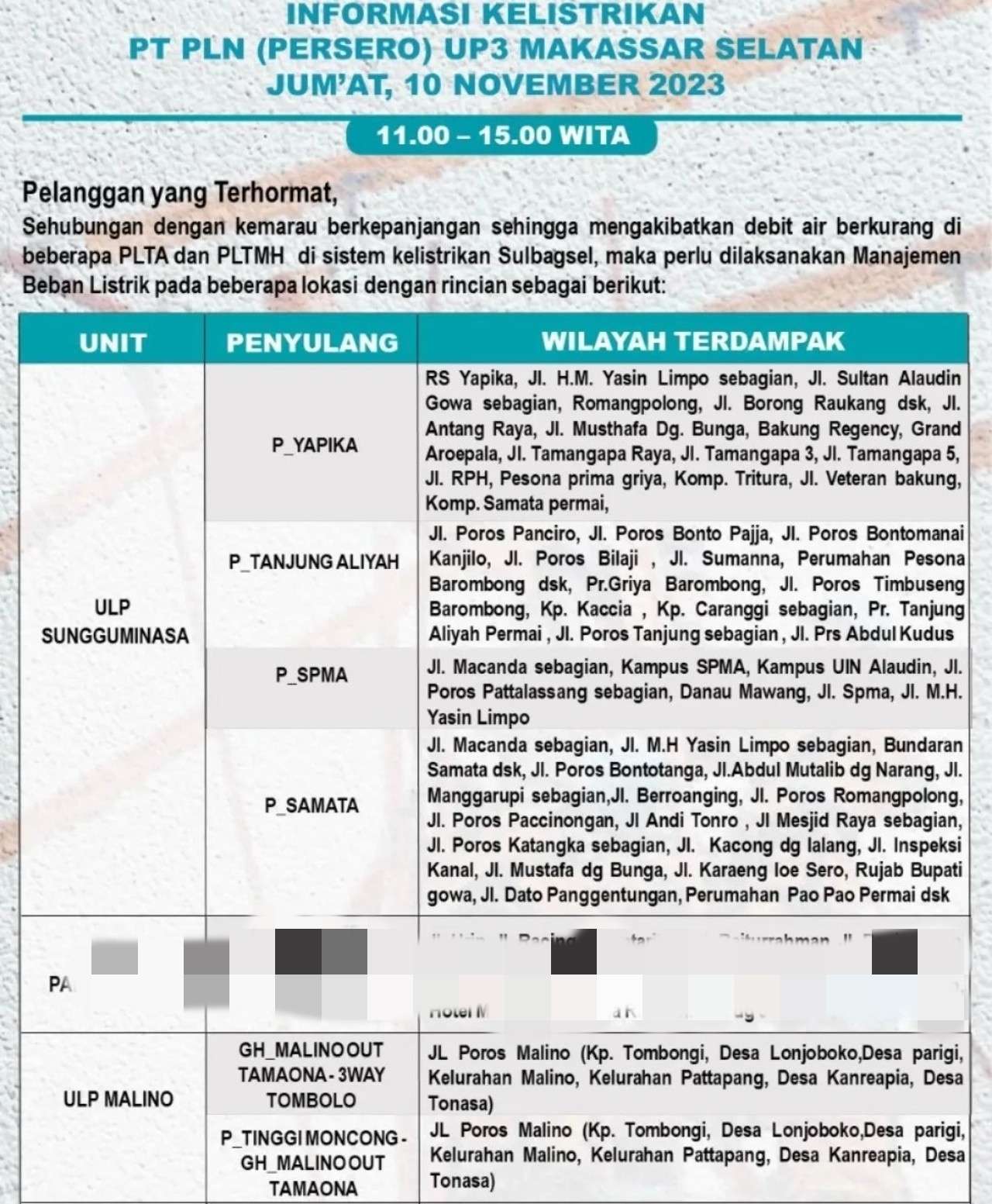 Berikut Sejumlah Wilayah di Gowa dan Takalar Hari Ini Akan Mati Lampu