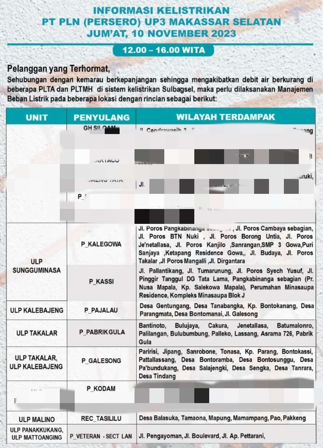 Berikut Sejumlah Wilayah di Gowa dan Takalar Hari Ini Akan Mati Lampu