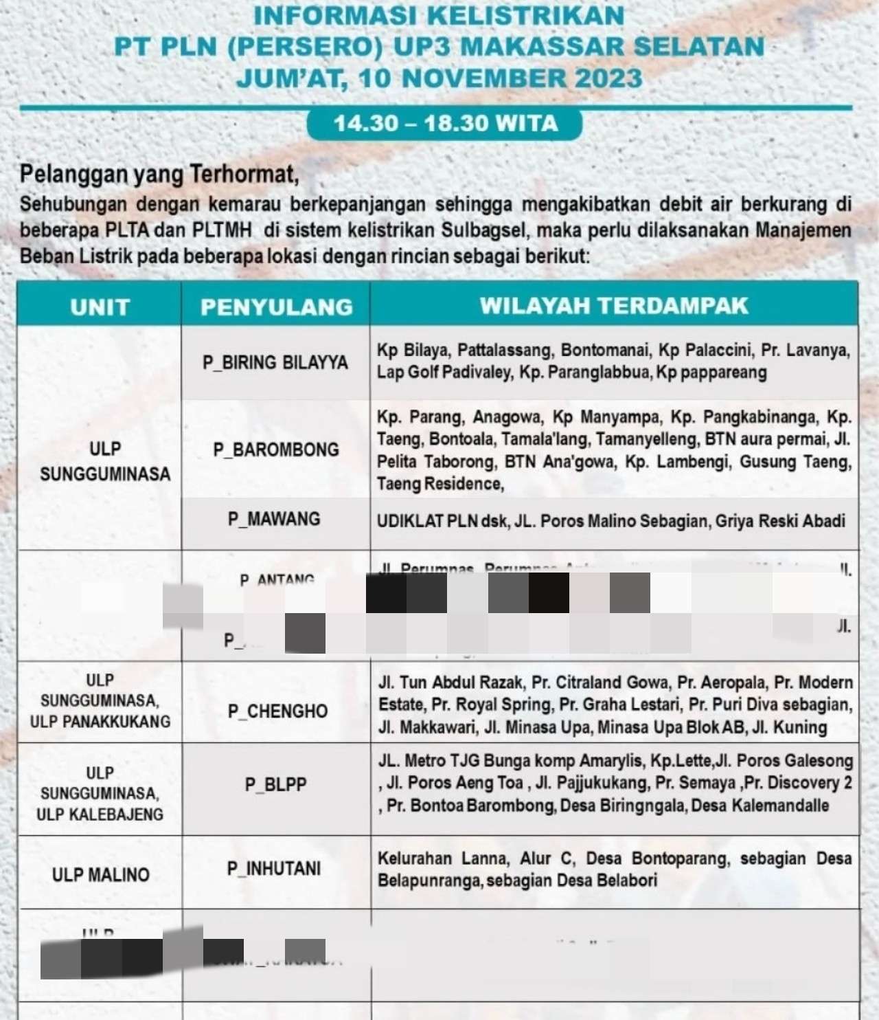 Berikut Sejumlah Wilayah di Gowa dan Takalar Hari Ini Akan Mati Lampu