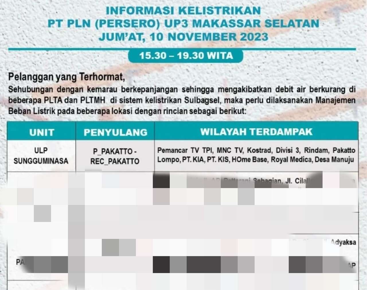Berikut Sejumlah Wilayah di Gowa dan Takalar Hari Ini Akan Mati Lampu