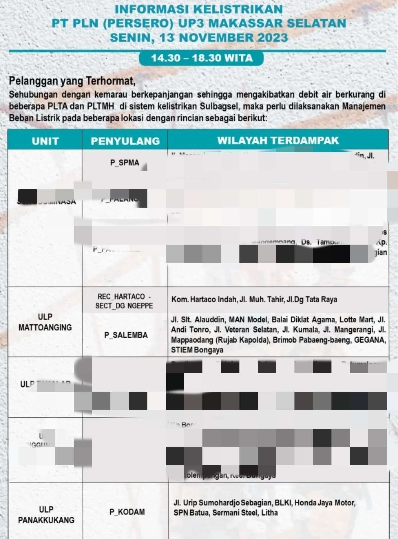 Jadwal Mati Lampu Hari Ini 13 November 2023 di Wilayah Makassar, Dari Siang Sampai Malam