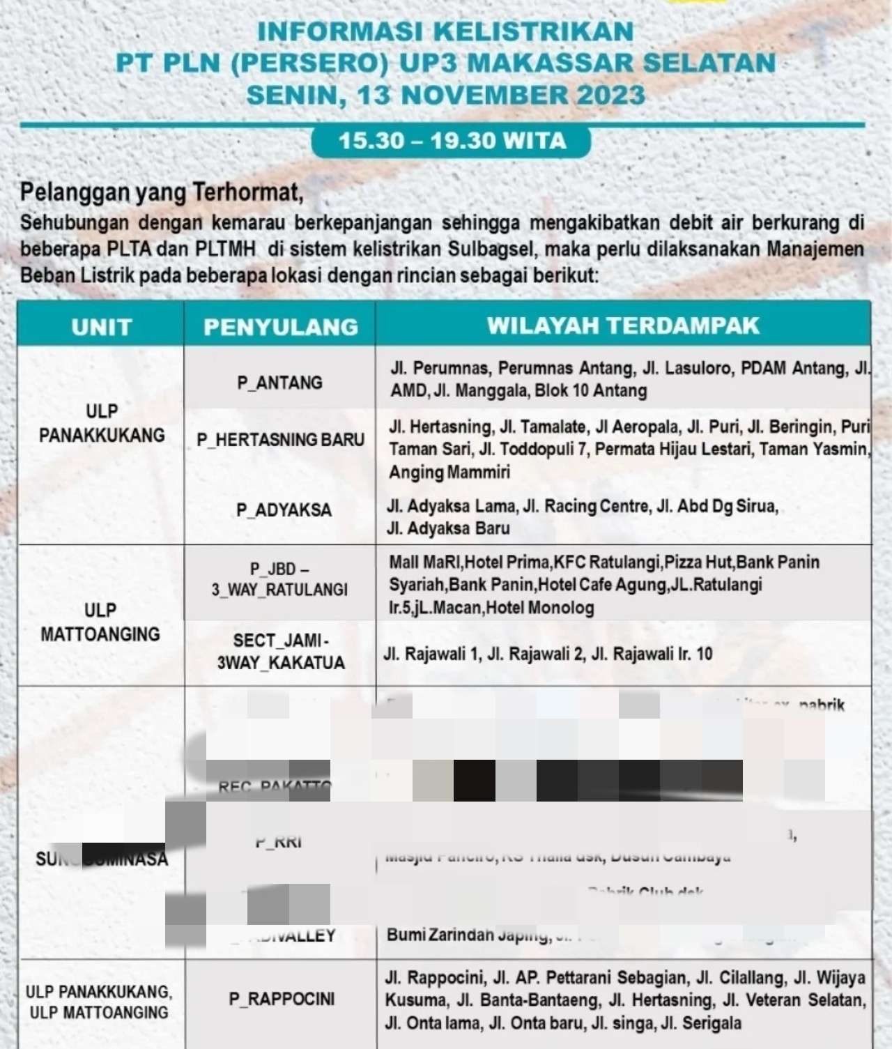 Jadwal Mati Lampu Hari Ini 13 November 2023 di Wilayah Makassar, Dari Siang Sampai Malam