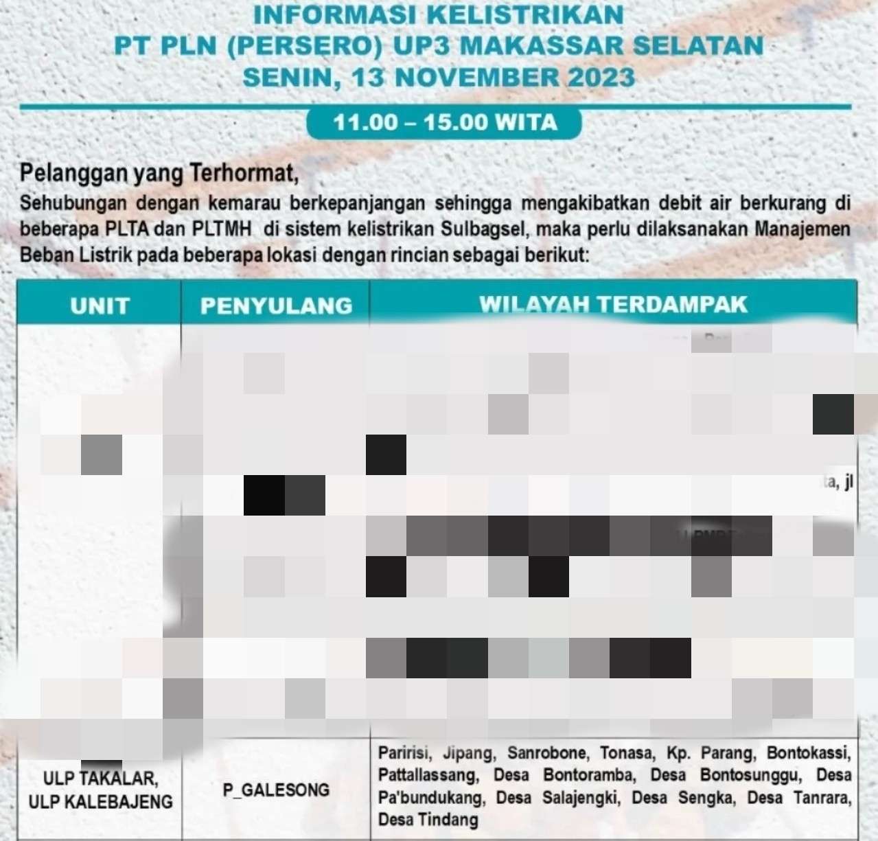 Pemadaman Listrik Wilayah Gowa dan Takalar Senin 13 November Siang Ini Hingga Malam