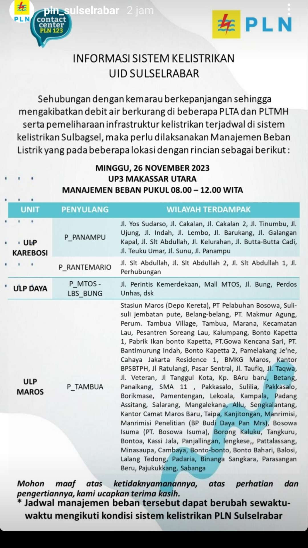 Jadwal Pemadaman Makassar Minggu 26 November, Berlangsung 4 Jam