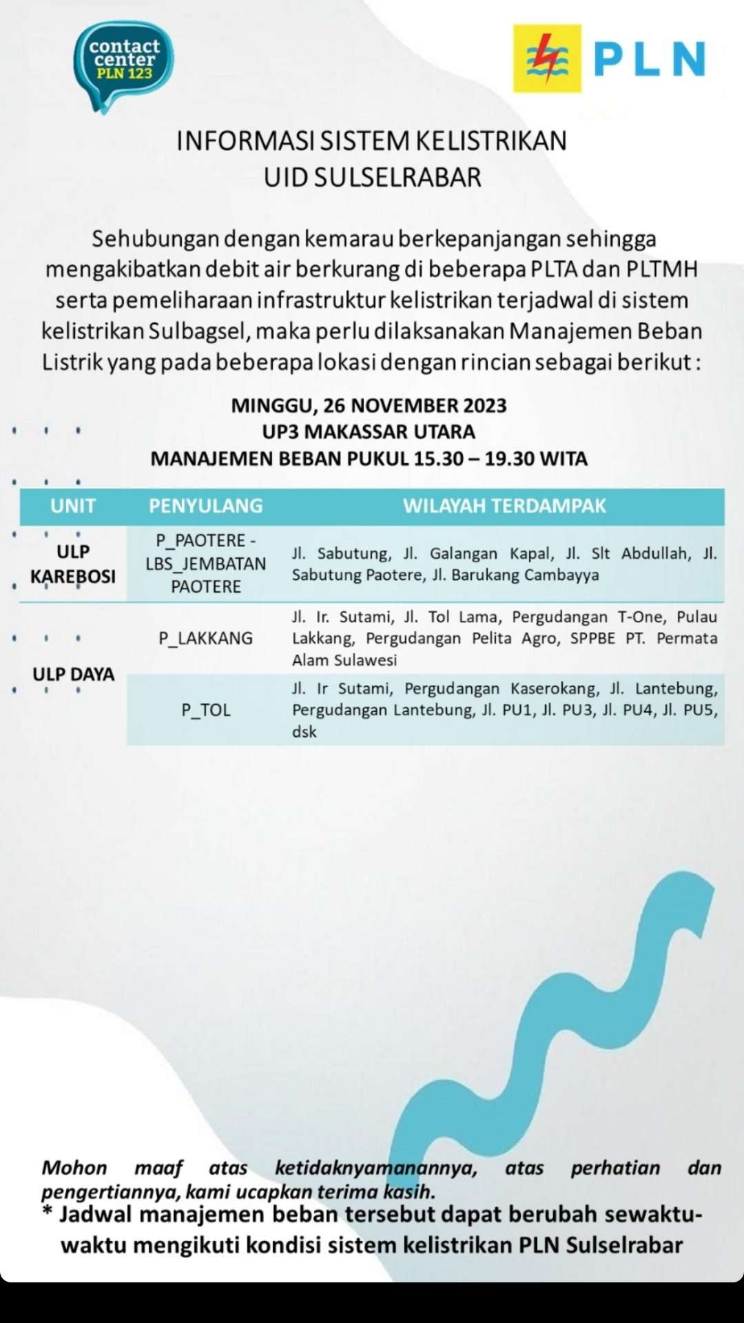 Jadwal Pemadaman Makassar Minggu 26 November, Berlangsung 4 Jam