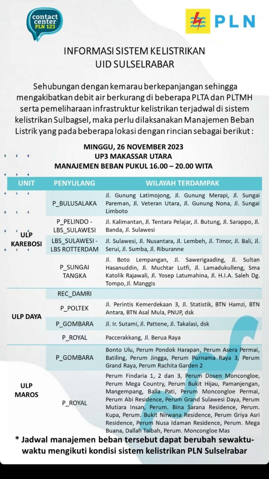Jadwal Pemadaman Makassar Minggu 26 November, Berlangsung 4 Jam